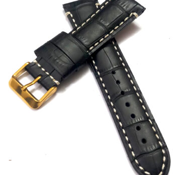 22mmm Genuine Leather Black With White Stich Watch Band Strap for Men and Women | Comfortable and Durable Material | Golden-Buckle
