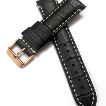 22mmm Genuine Leather Black With White Stich Watch Band Strap for Men and Women | Comfortable and Durable Material | Rose-Buckle
