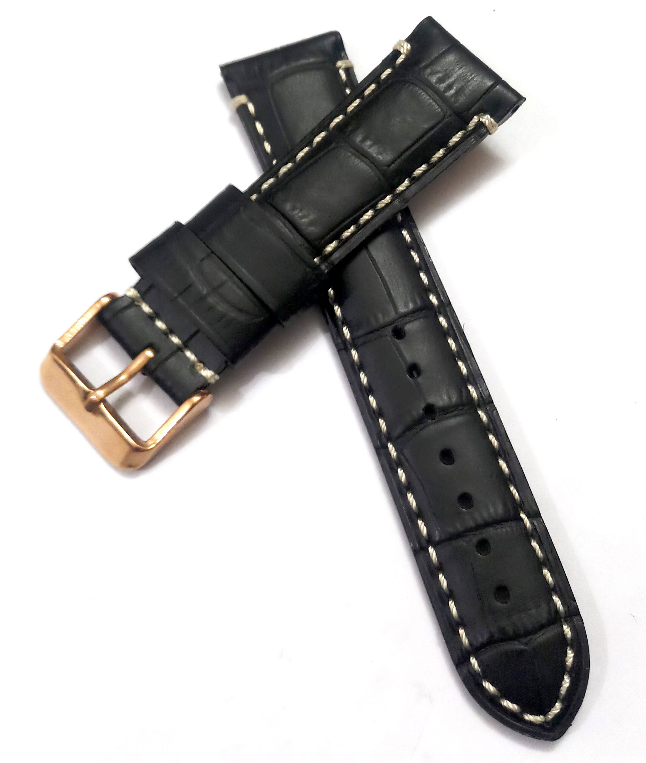 22mmm Genuine Leather Black With White Stich Watch Band Strap for Men and Women | Comfortable and Durable Material | Rose-Buckle - Image 2