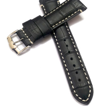 22mmm Genuine Leather Black With White Stich Watch Band Strap for Men and Women | Comfortable and Durable Material | Silver-Buckle