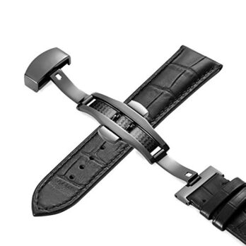 22mm Genuine Leather Black Watch Band Strap for Men and Women | Comfortable and Durable Material | Deployment Black Buckle-D1