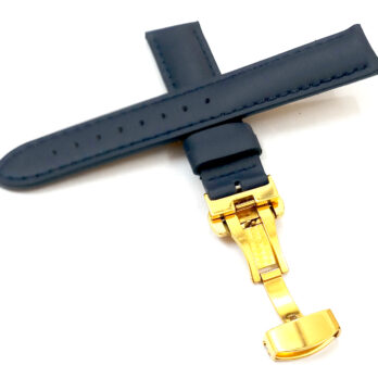 21mm Genuine Leather Dark Blue With Blue Stich Watch Band Strap for Men and Women | Comfortable and Durable Material | Deployment Golden Buckle