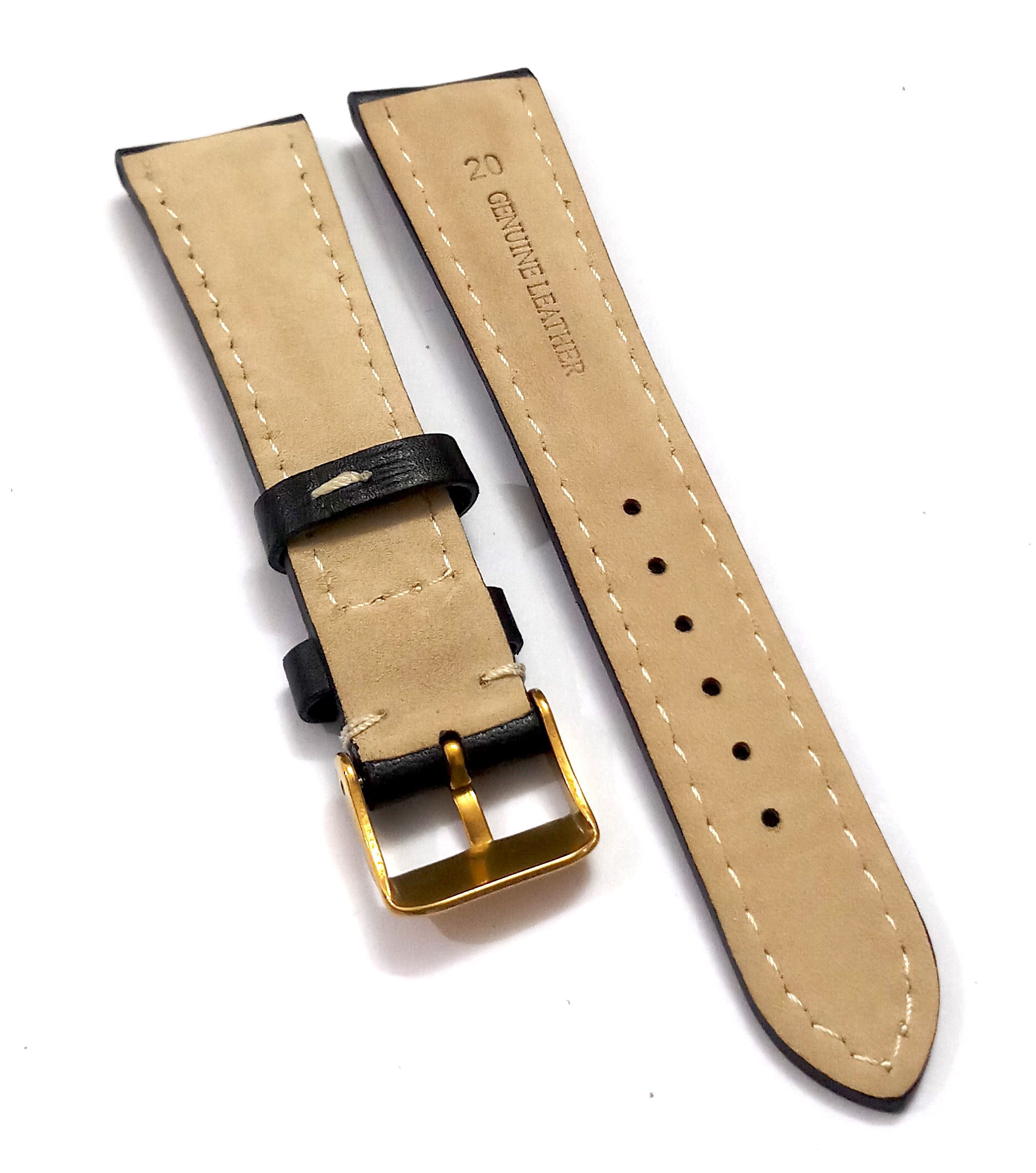 18mmm Genuine Leather Black With White Stich Watch Band Strap for Men and Women | Comfortable and Durable Material | Yellow Buckle - Image 5