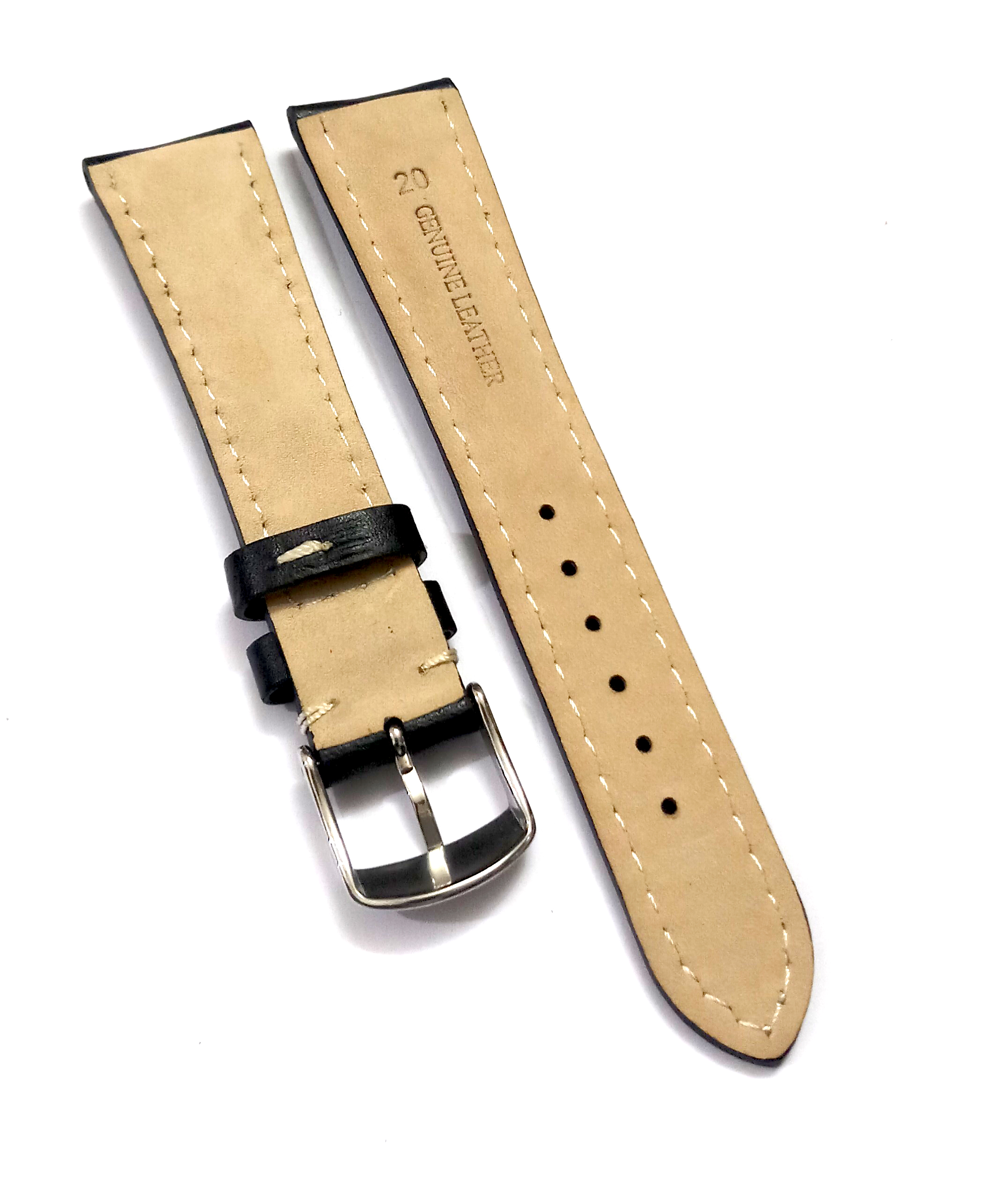 18mmm Genuine Leather Black With White Stich Watch Band Strap for Men and Women | Comfortable and Durable Material | Silver Buckle - Image 5
