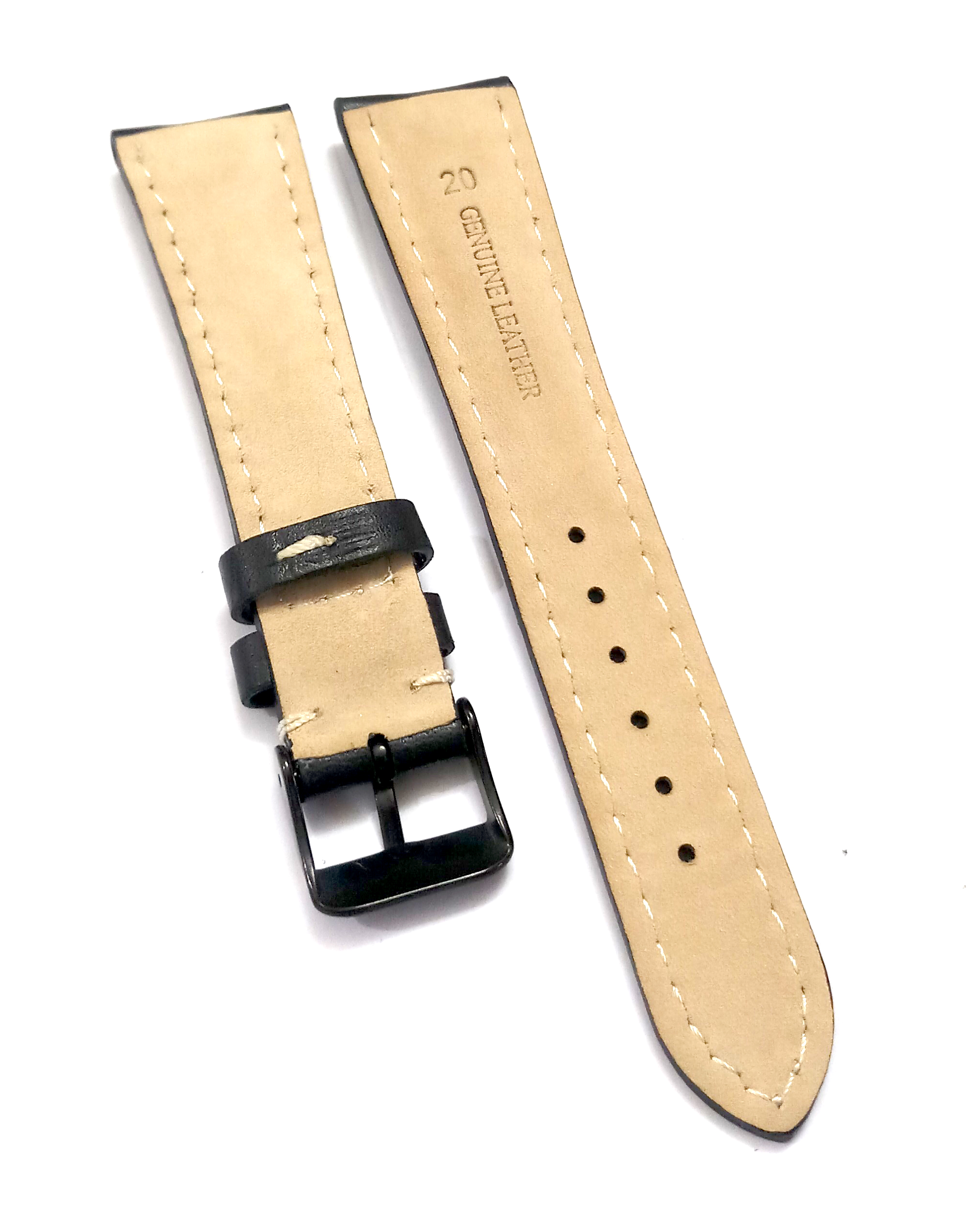 18mmm Genuine Leather Black With White Stich Watch Band Strap for Men and Women | Comfortable and Durable Material | Black Buckle - Image 5