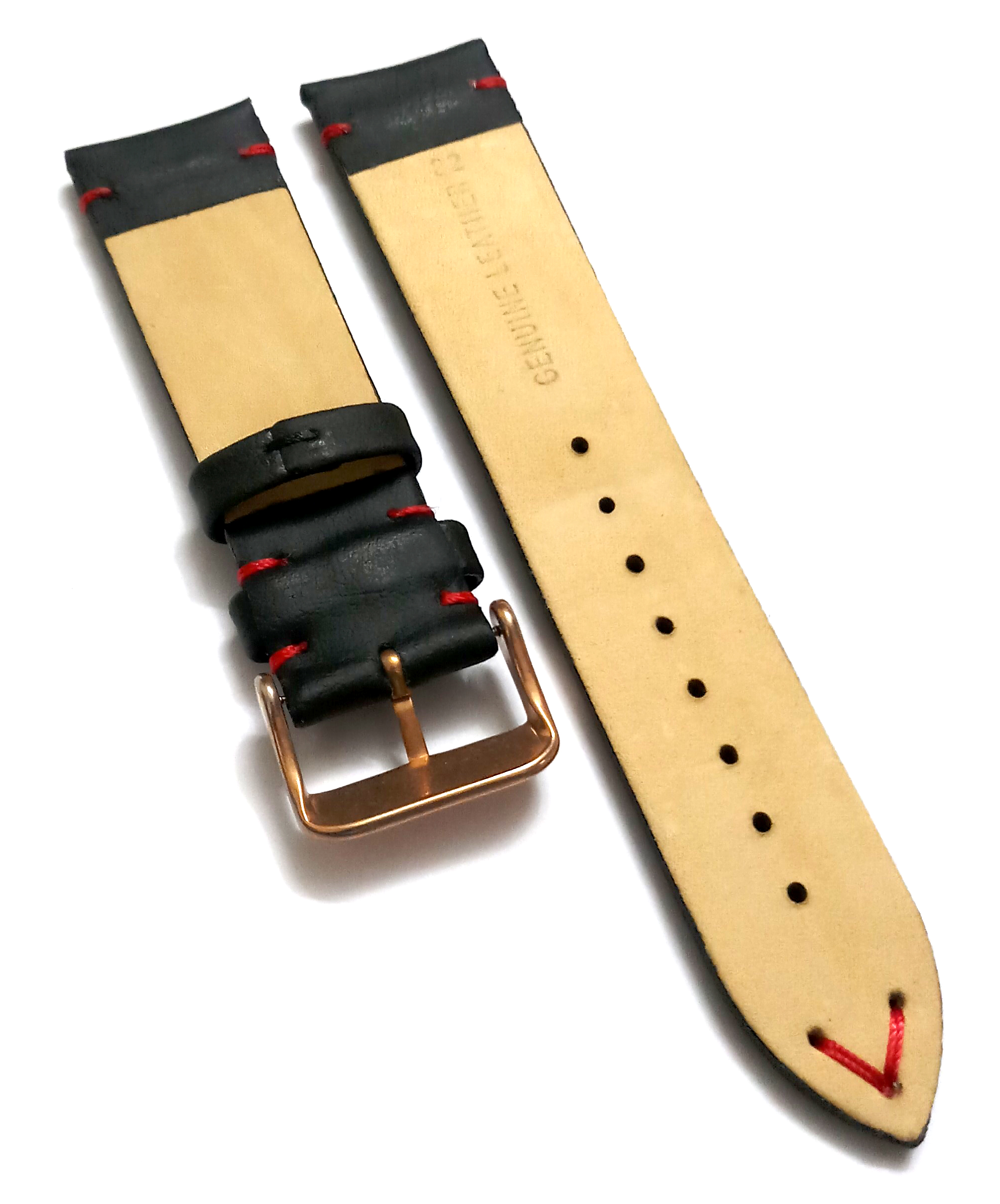 22mmm Genuine Leather Black With Red Stich Watch Band Strap for Men and Women | Comfortable and Durable Material | Rose Buckle - Image 4