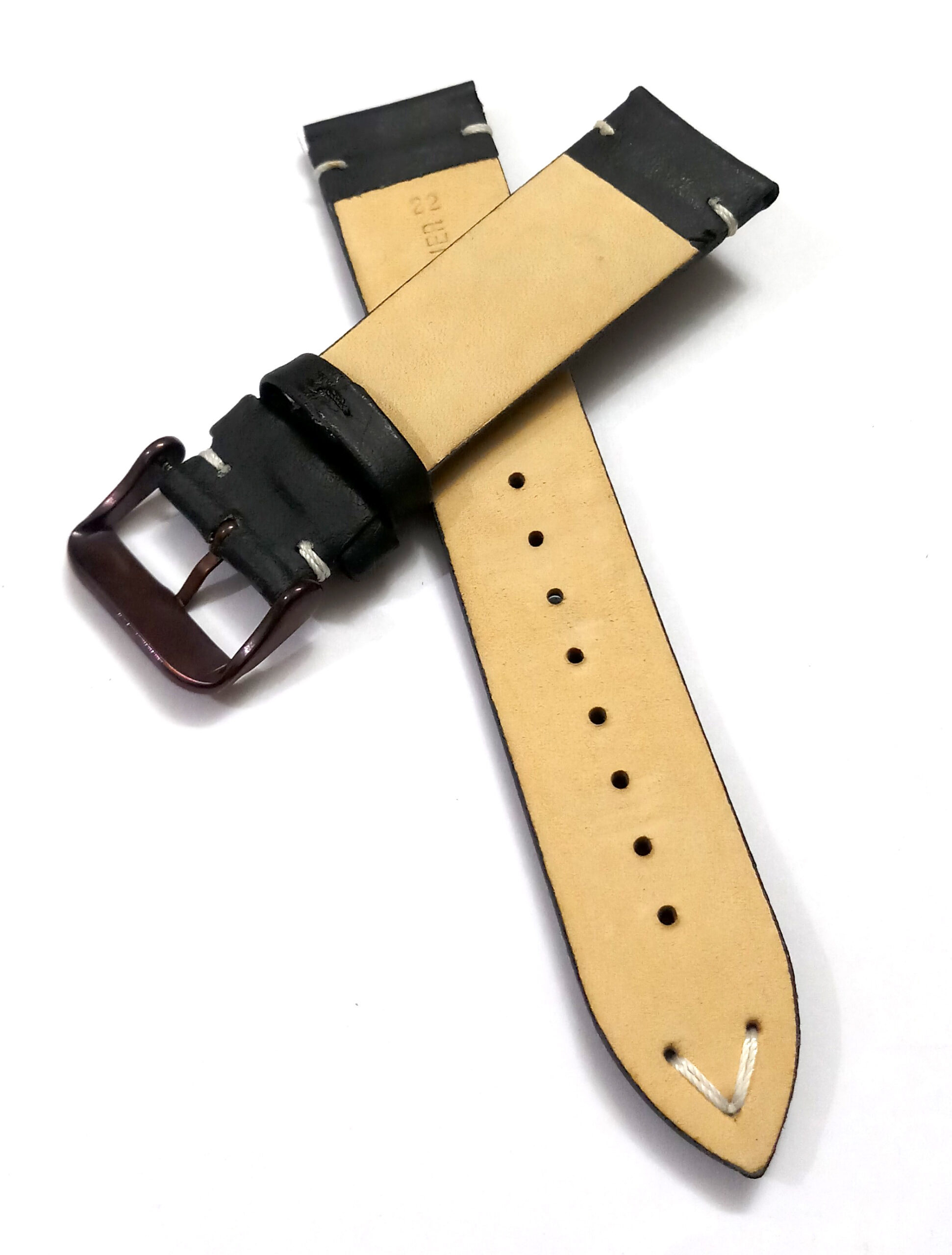22mmm Genuine Leather Black With White Stich Watch Band Strap for Men and Women | Comfortable and Durable Material | Dark Brown Buckle - Image 4