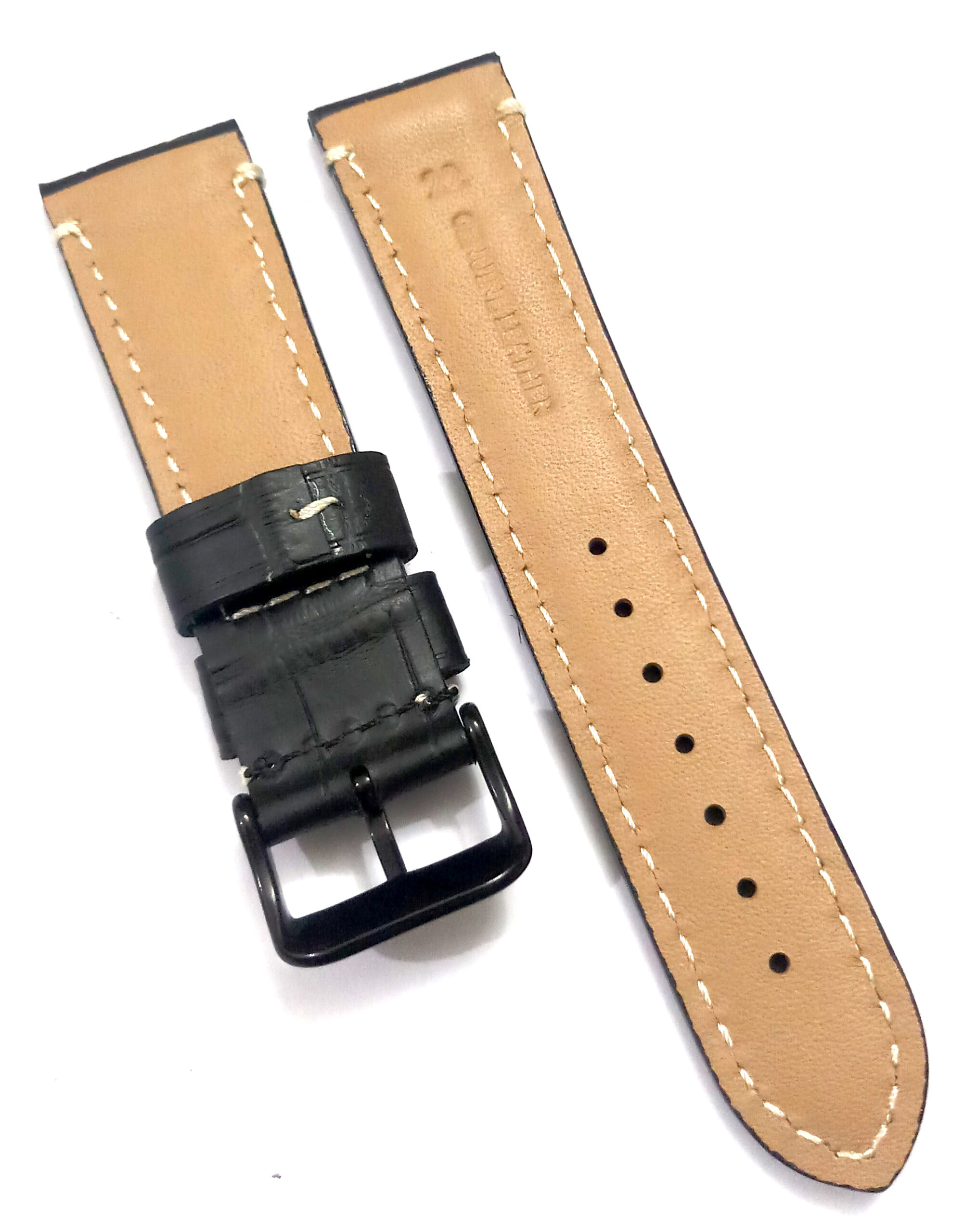 22mmm Genuine Leather Black With White Stich Watch Band Strap for Men and Women | Comfortable and Durable Material | Black-Buckle - Image 4