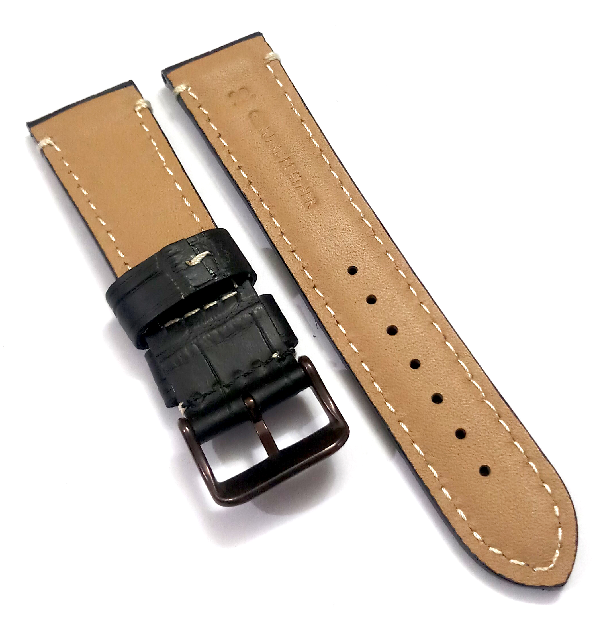 22mmm Genuine Leather Black With White Stich Watch Band Strap for Men and Women | Comfortable and Durable Material | Dark Brown-Buckle - Image 4