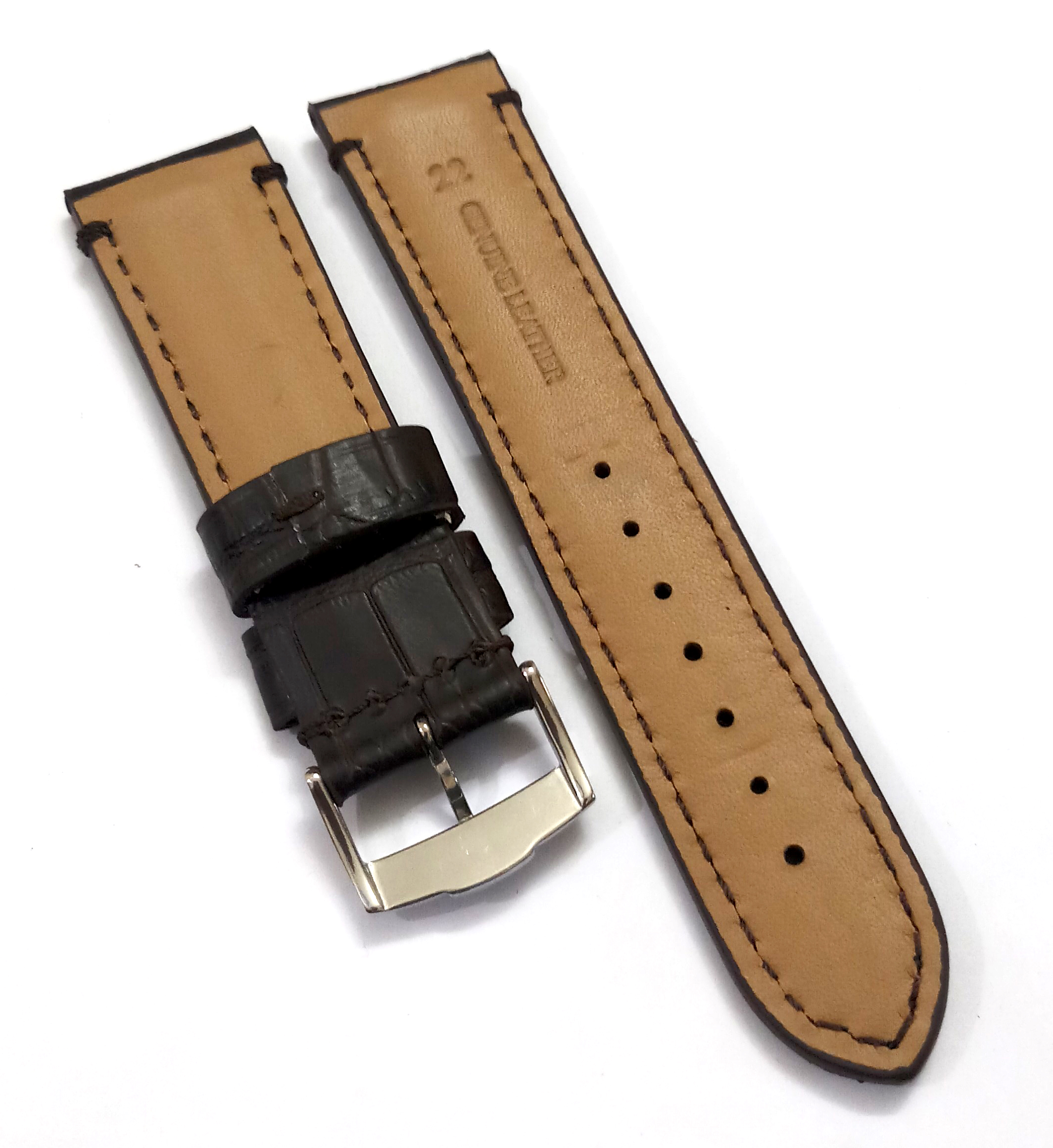 22mmm Genuine Leather Dark Brown With Brown Stich Watch Band Strap for Men and Women | Comfortable and Durable Material | Silver Buckle - Image 4