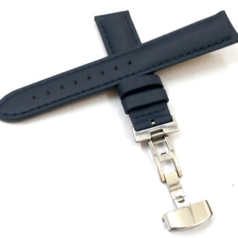21mm Genuine Leather Dark Blue With Blue Stich Watch Band Strap for Men and Women | Comfortable and Durable Material | Deployment Silver Buckle