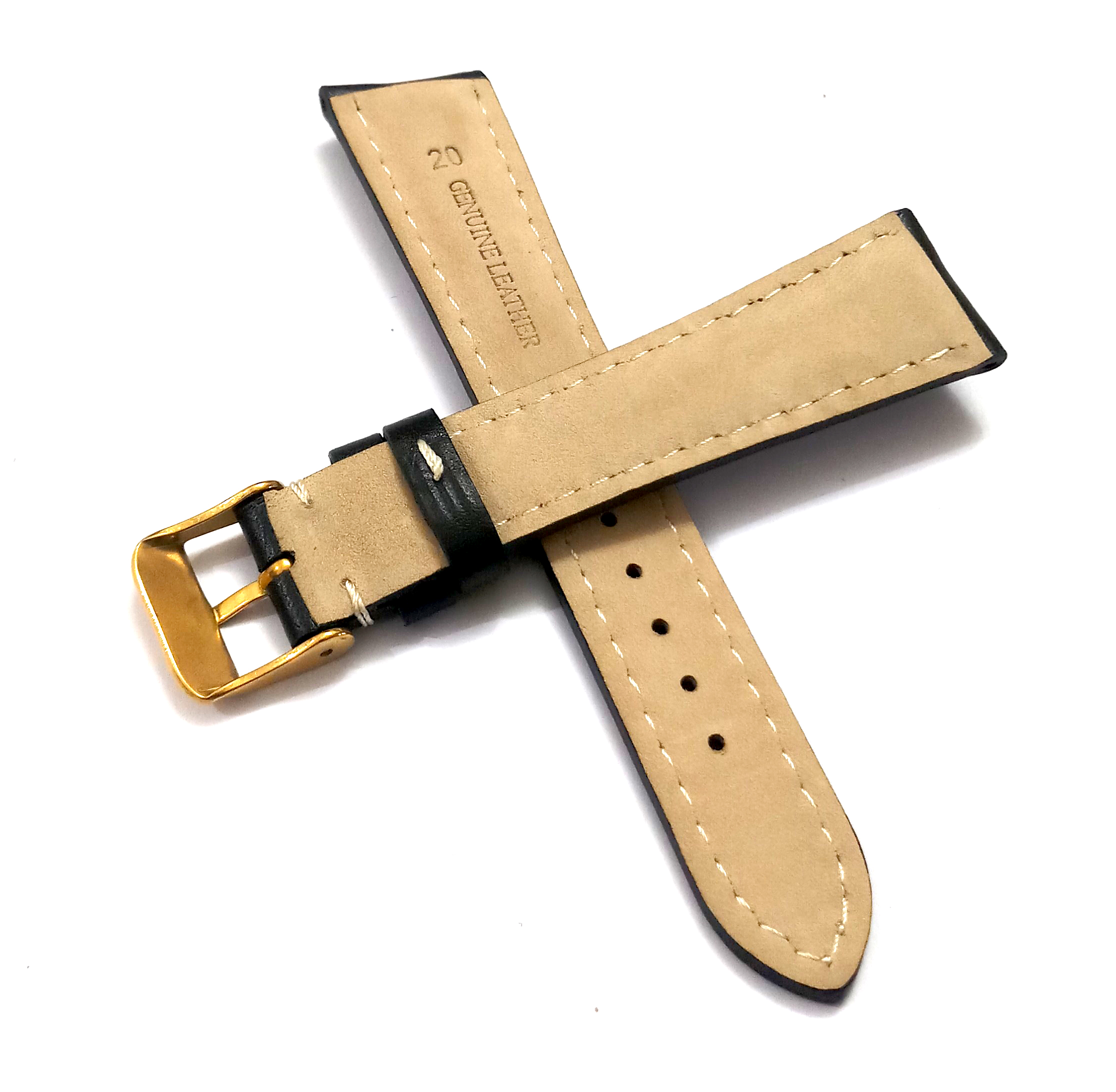 18mmm Genuine Leather Black With White Stich Watch Band Strap for Men and Women | Comfortable and Durable Material | Yellow Buckle - Image 6