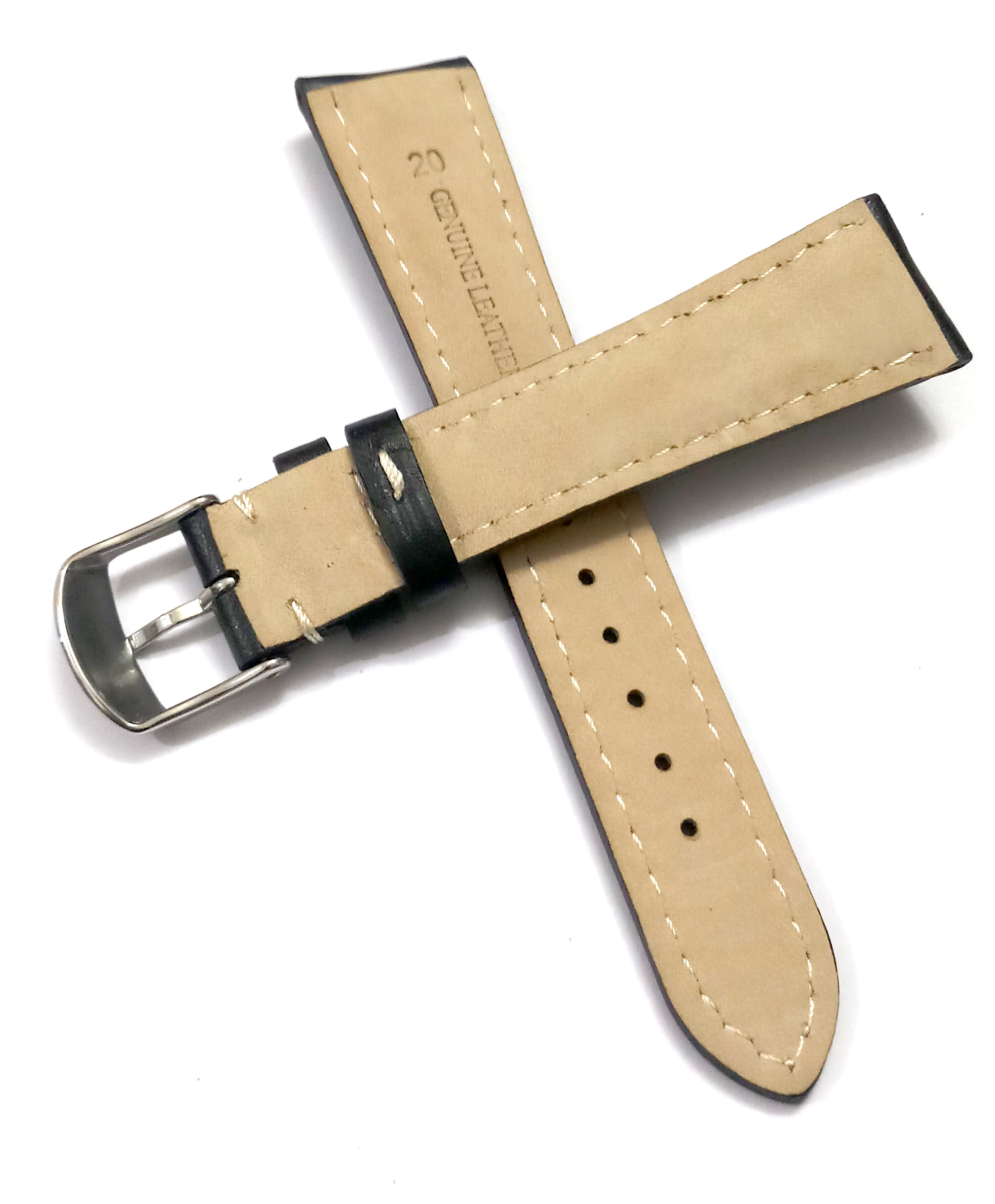 18mmm Genuine Leather Black With White Stich Watch Band Strap for Men and Women | Comfortable and Durable Material | Silver Buckle - Image 6
