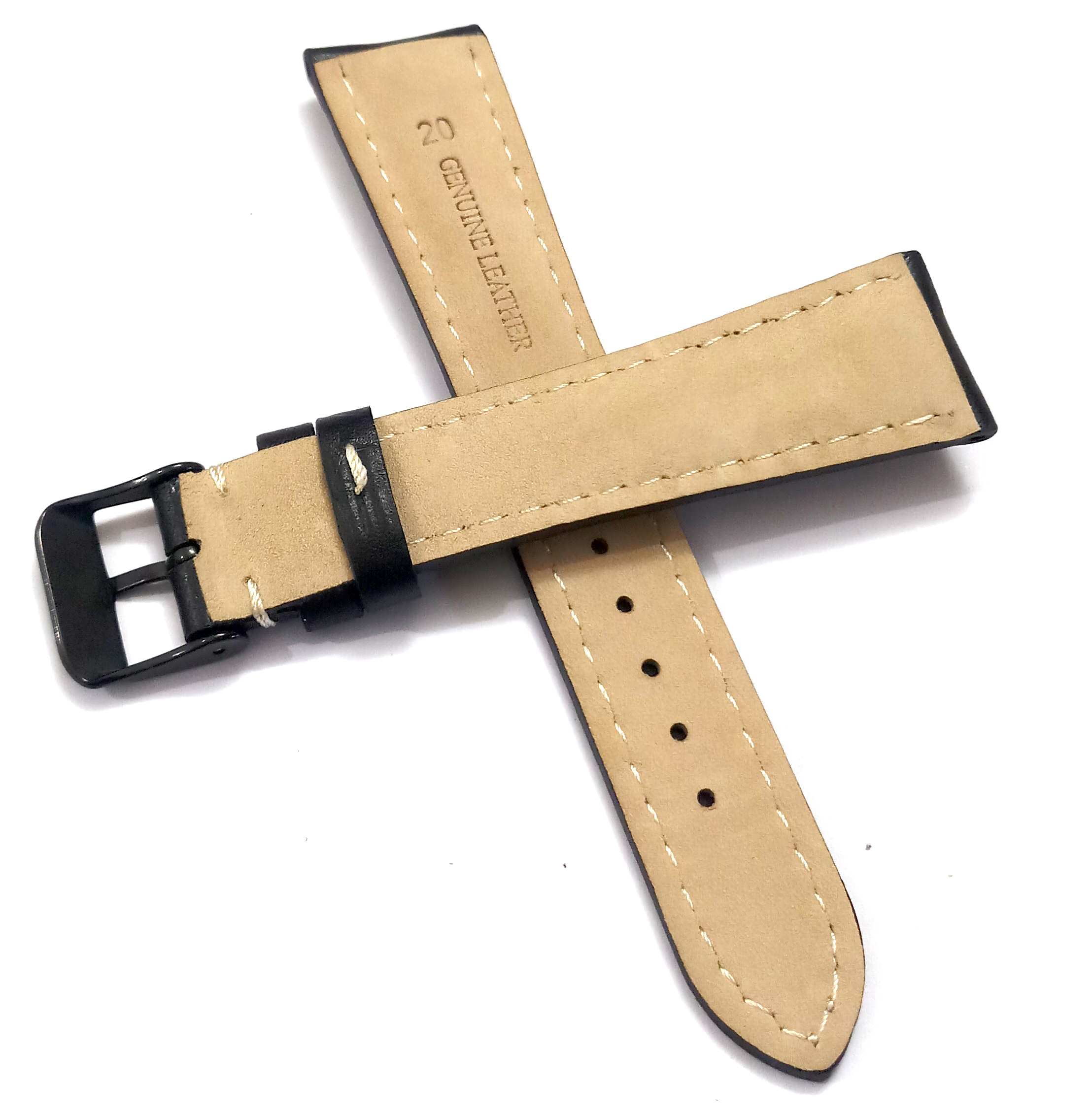 18mmm Genuine Leather Black With White Stich Watch Band Strap for Men and Women | Comfortable and Durable Material | Black Buckle - Image 6