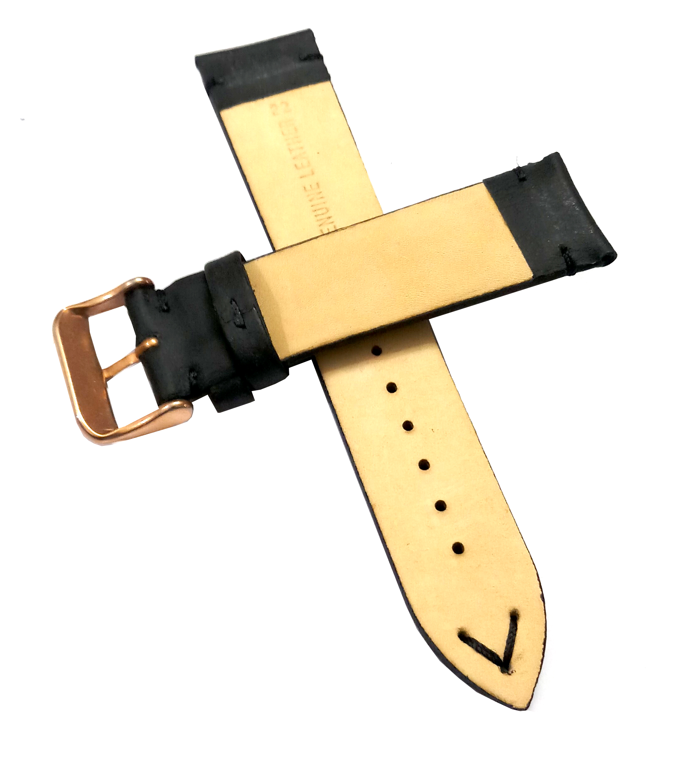 22mmm Genuine Leather Black With Black Stich Watch Band Strap for Men and Women | Comfortable and Durable Material | Rose Buckle - Image 3