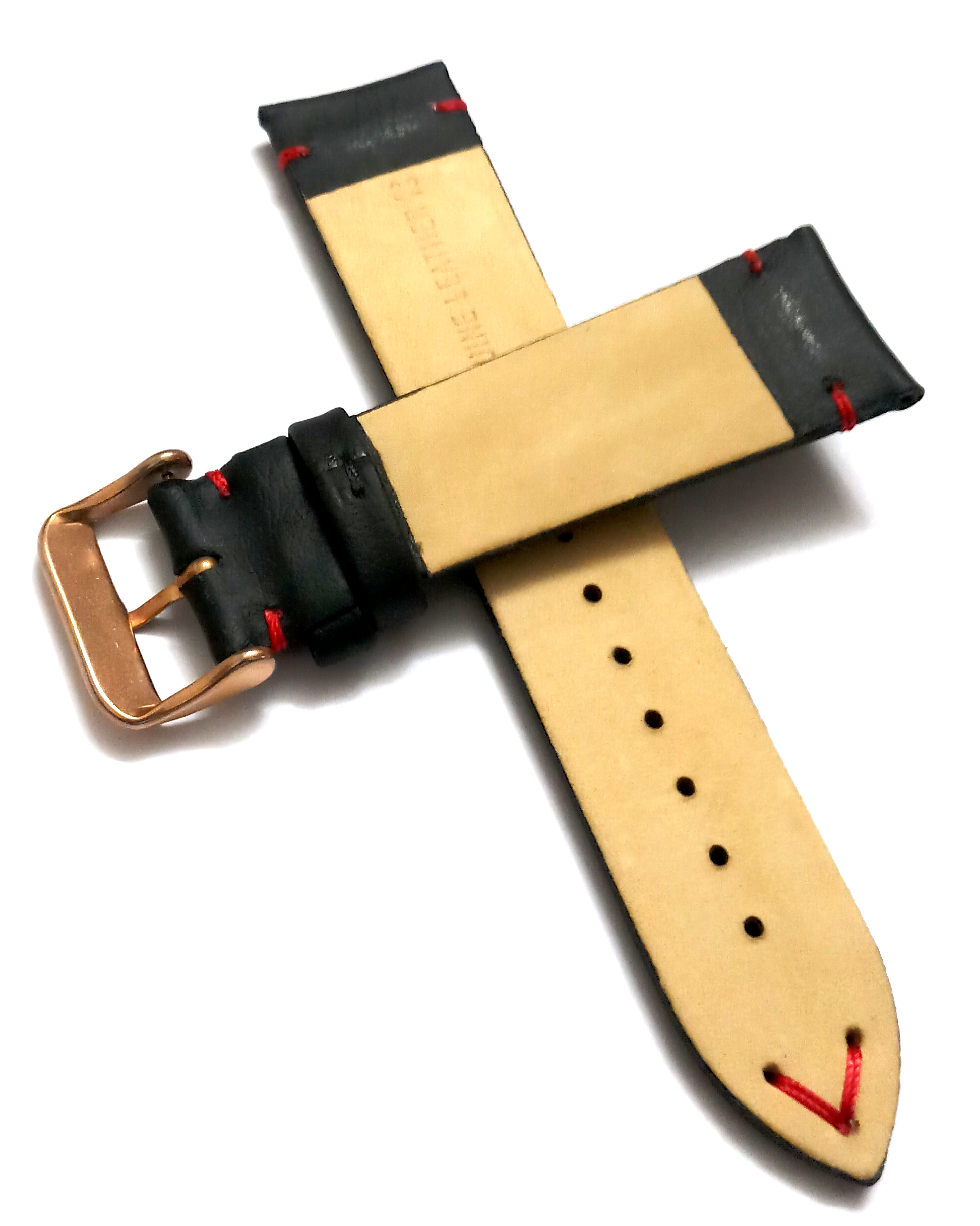 22mmm Genuine Leather Black With Red Stich Watch Band Strap for Men and Women | Comfortable and Durable Material | Rose Buckle - Image 3