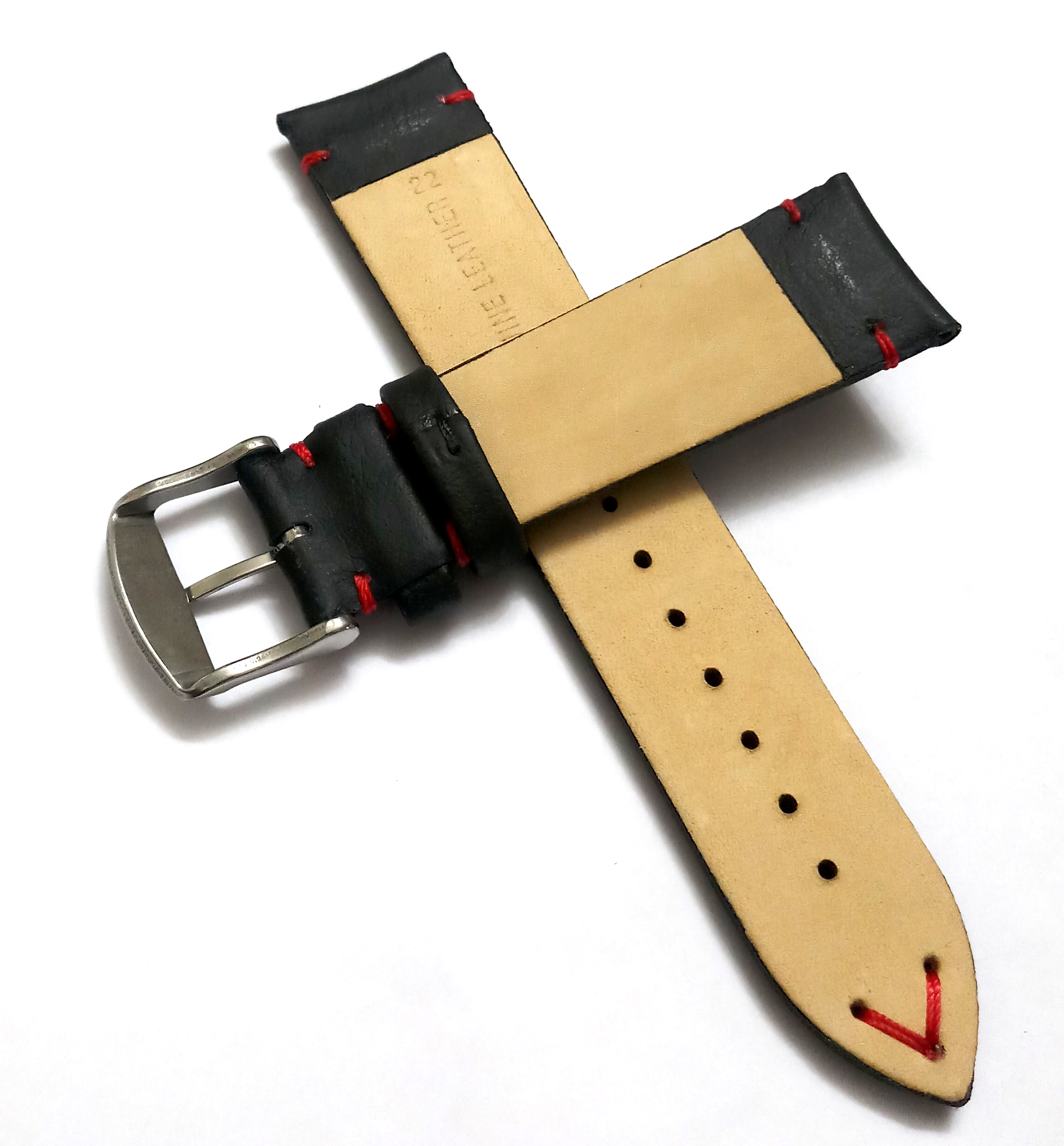 22mmm Genuine Leather Black With Red Stich Watch Band Strap for Men and Women | Comfortable and Durable Material | Silver Buckle - Image 3