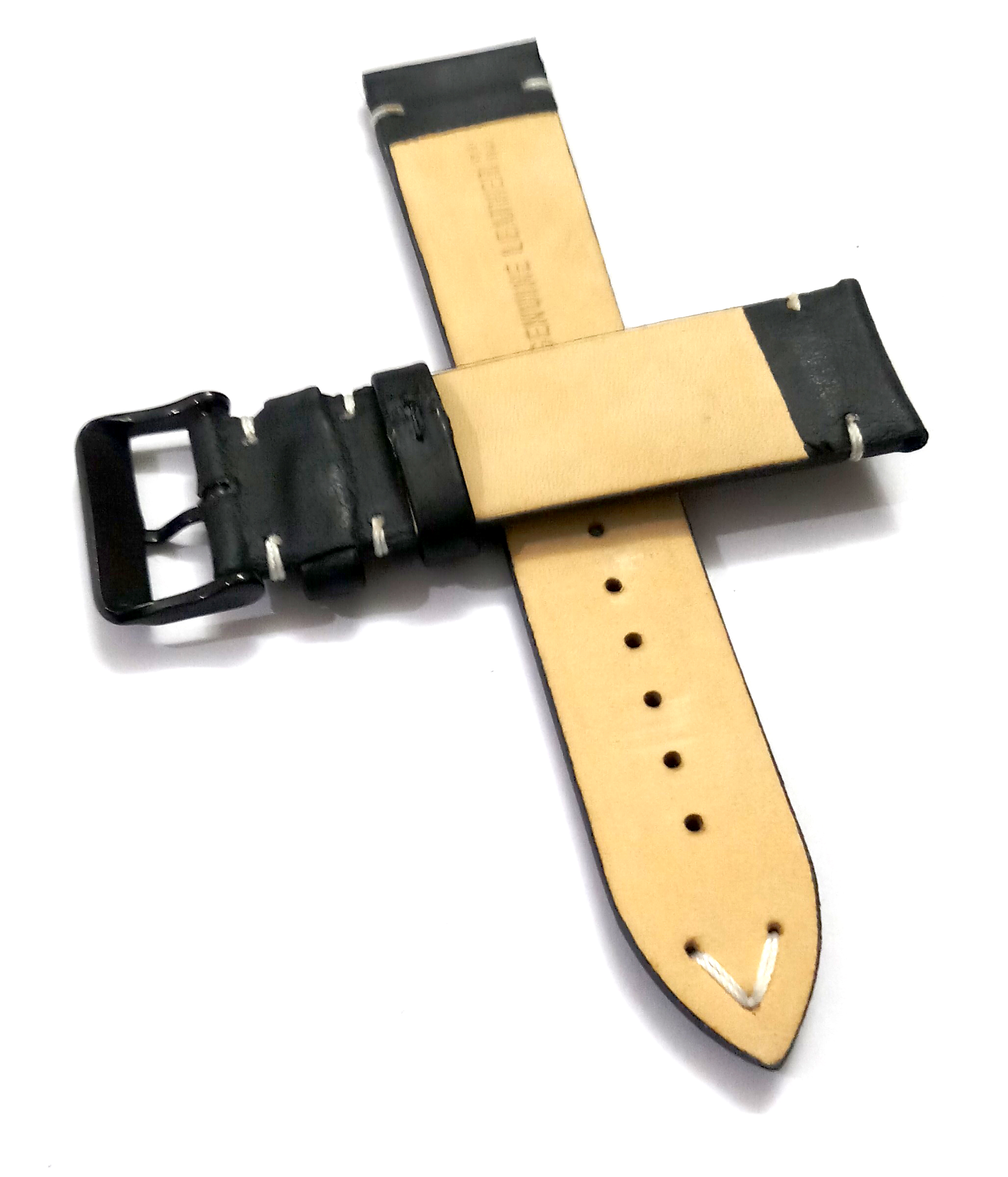 22mmm Genuine Leather Black With White Stich Watch Band Strap for Men and Women | Comfortable and Durable Material | Black Buckle - Image 5