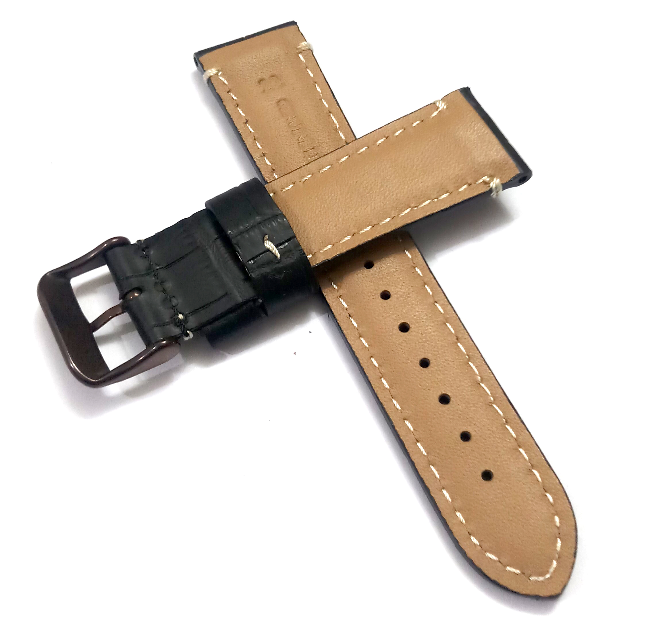 22mmm Genuine Leather Black With White Stich Watch Band Strap for Men and Women | Comfortable and Durable Material | Dark Brown-Buckle - Image 5
