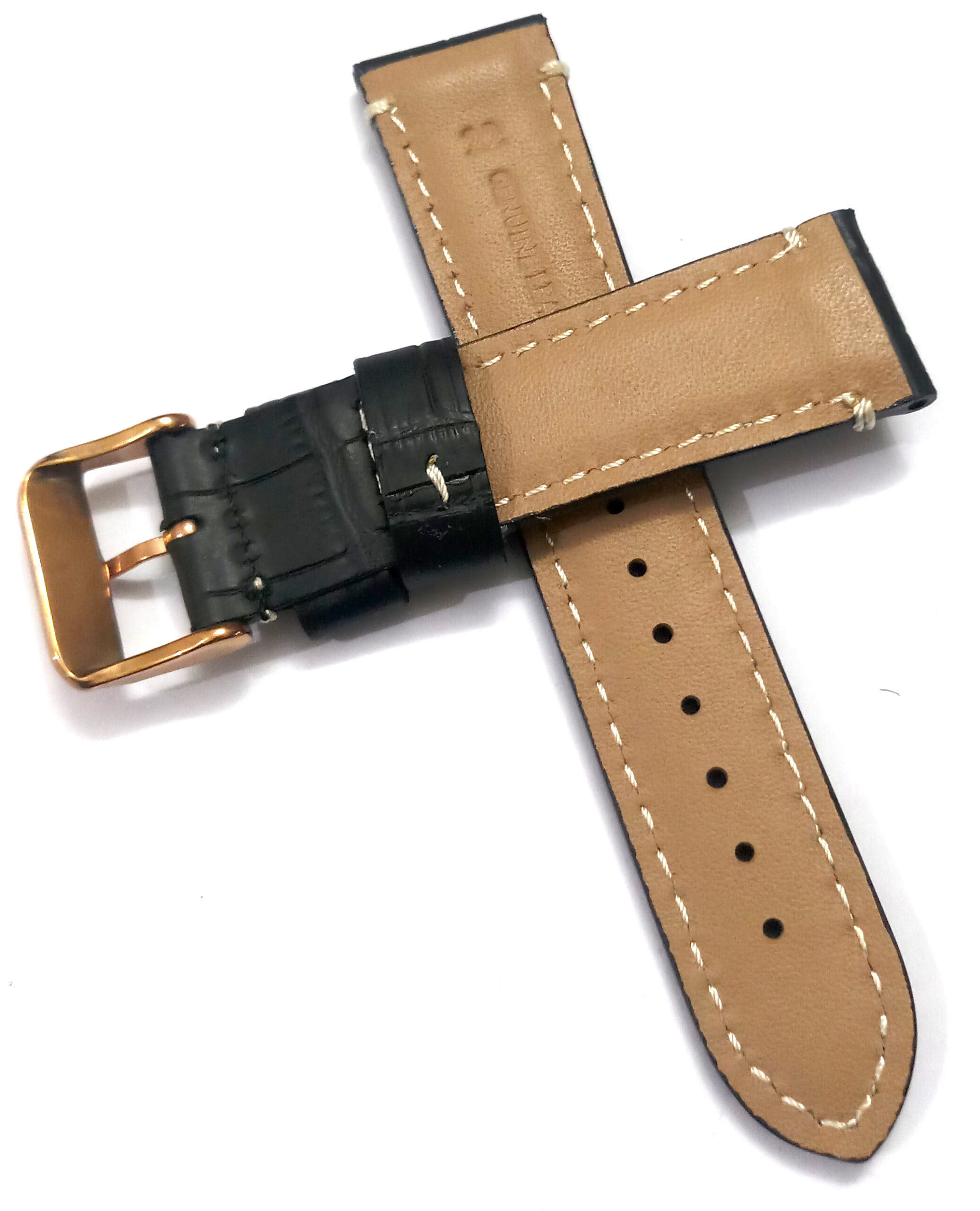 22mmm Genuine Leather Black With White Stich Watch Band Strap for Men and Women | Comfortable and Durable Material | Rose-Buckle - Image 5