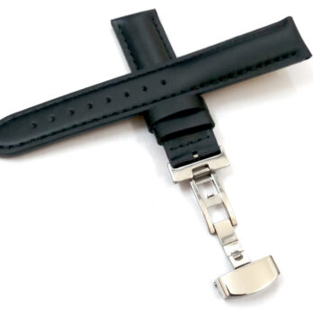 21mm Genuine Leather Black With Black Stich Watch Band Strap for Men and Women | Comfortable and Durable Material | Deployment Silver Buckle