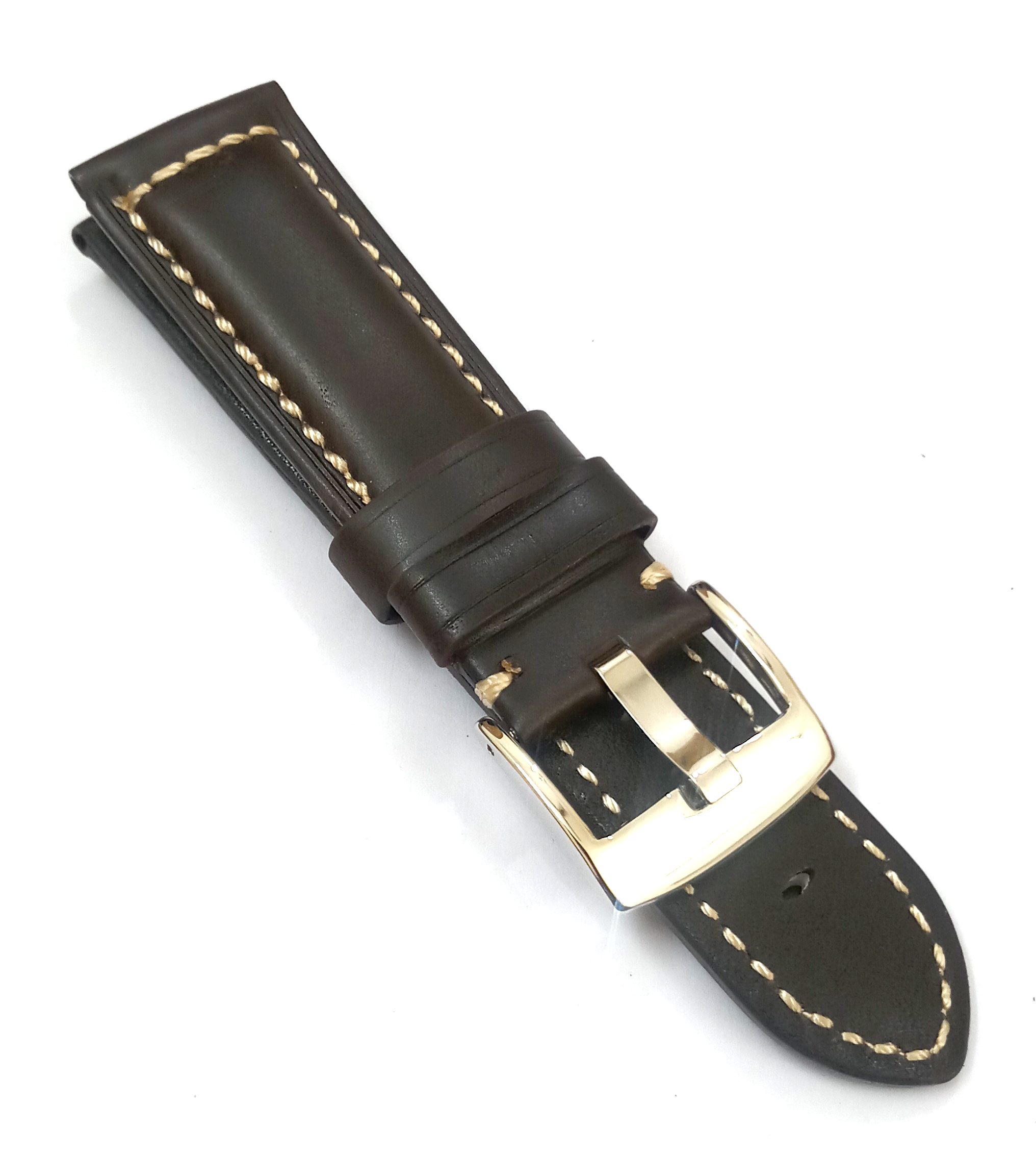 24mm Plain Genuine Leather Dark Brown With White Stich Watch Band Strap for Men and Women | Comfortable and Durable Material | Silver Buckle - Image 7