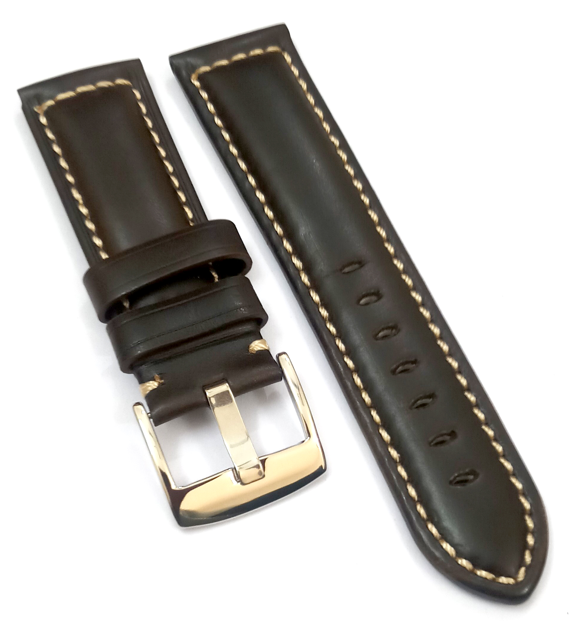 24mm Plain Genuine Leather Dark Brown With White Stich Watch Band Strap for Men and Women | Comfortable and Durable Material | Silver Buckle - Image 3