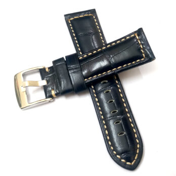 24mm Genuine Leather Black With White Stich Watch Band Strap for Men and Women | Comfortable and Durable Material | Silver Buckle