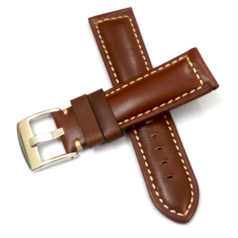 24mm Plain Genuine Leather Light Brown With White Stich Watch Band Strap for Men and Women | Comfortable and Durable Material | Silver Buckle