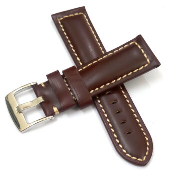 24mm Plain Genuine Leather Brown With White Stich Watch Band Strap for Men and Women | Comfortable and Durable Material | Silver Buckle