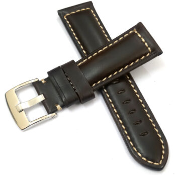 24mm Plain Genuine Leather Dark Brown With White Stich Watch Band Strap for Men and Women | Comfortable and Durable Material | Silver Buckle