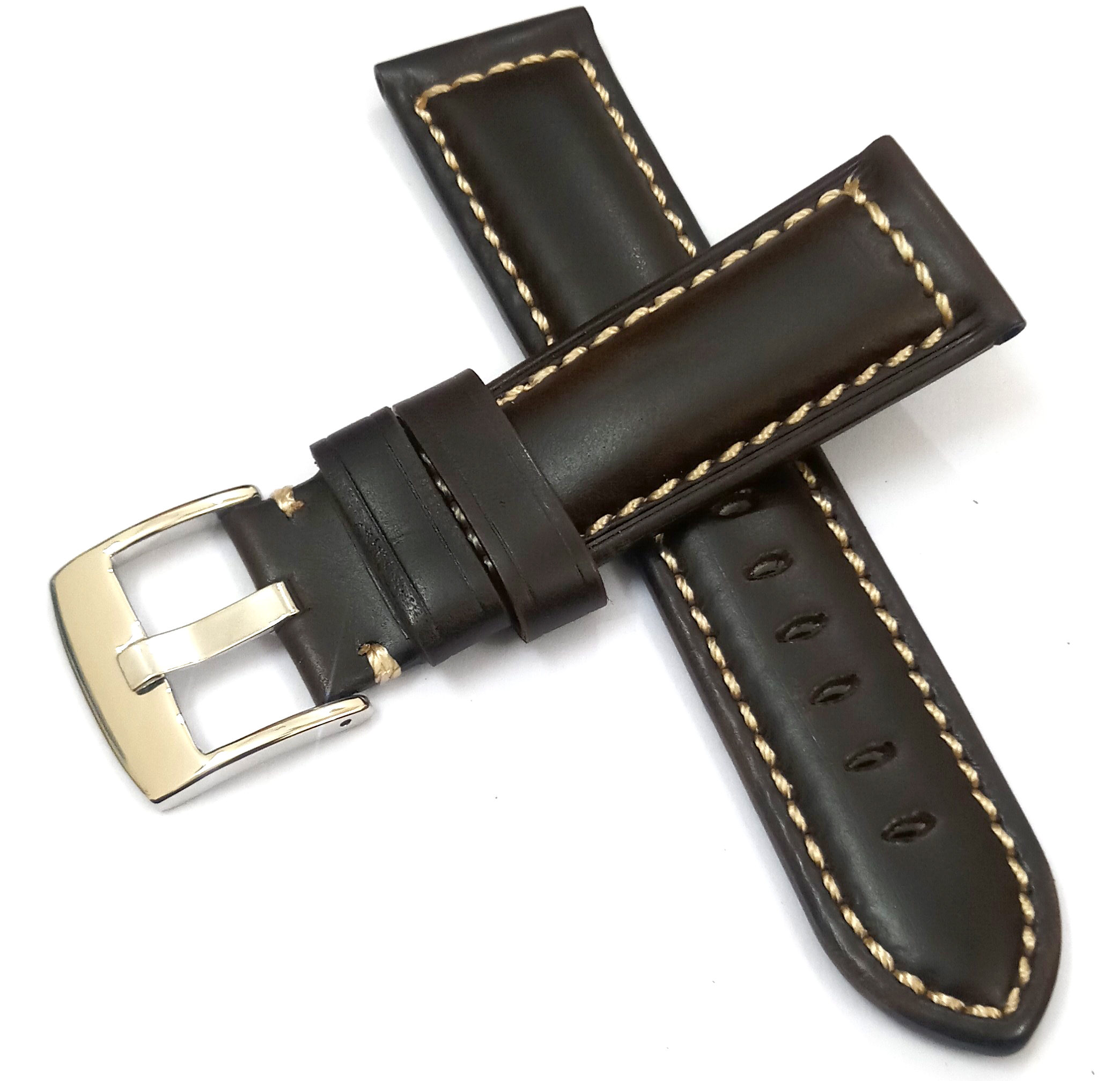 24mm Plain Genuine Leather Dark Brown With White Stich Watch Band Strap for Men and Women | Comfortable and Durable Material | Silver Buckle - Image 2