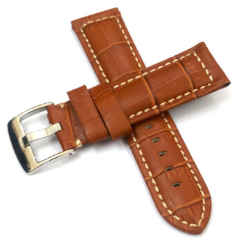 24mm Genuine Leather Light Brown With White Stich Watch Band Strap for Men and Women | Comfortable and Durable Material | Silver Buckle