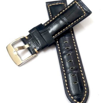 24mm Genuine Leather Black With White Stich Watch Band Strap for Men and Women | Comfortable and Durable Material | Silver Buckle