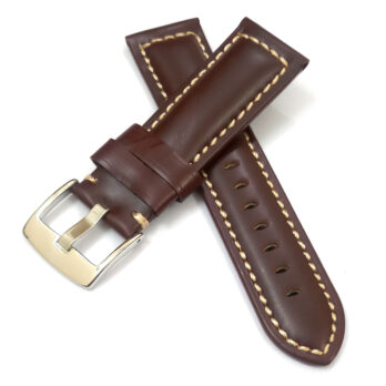 24mm Plain Genuine Leather Brown With White Stich Watch Band Strap for Men and Women | Comfortable and Durable Material | Silver Buckle