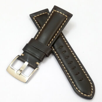 24mm Plain Genuine Leather Dark Brown With White Stich Watch Band Strap for Men and Women | Comfortable and Durable Material | Silver Buckle