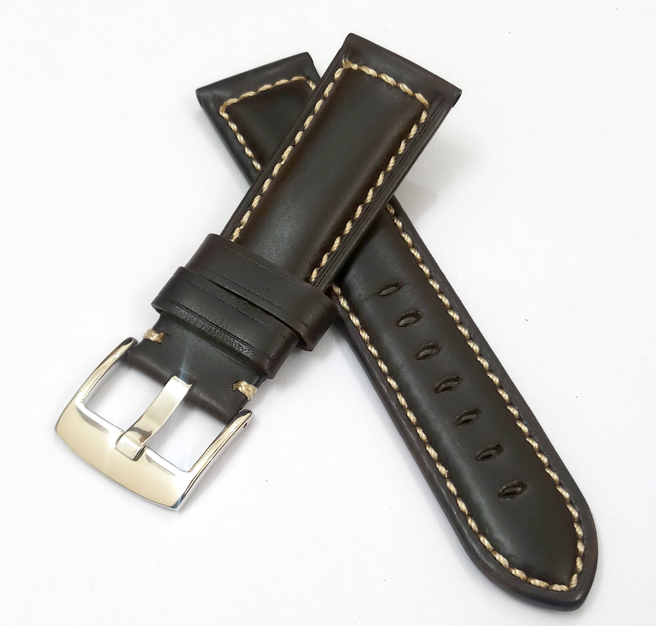 24mm Plain Genuine Leather Dark Brown With White Stich Watch Band Strap for Men and Women | Comfortable and Durable Material | Silver Buckle
