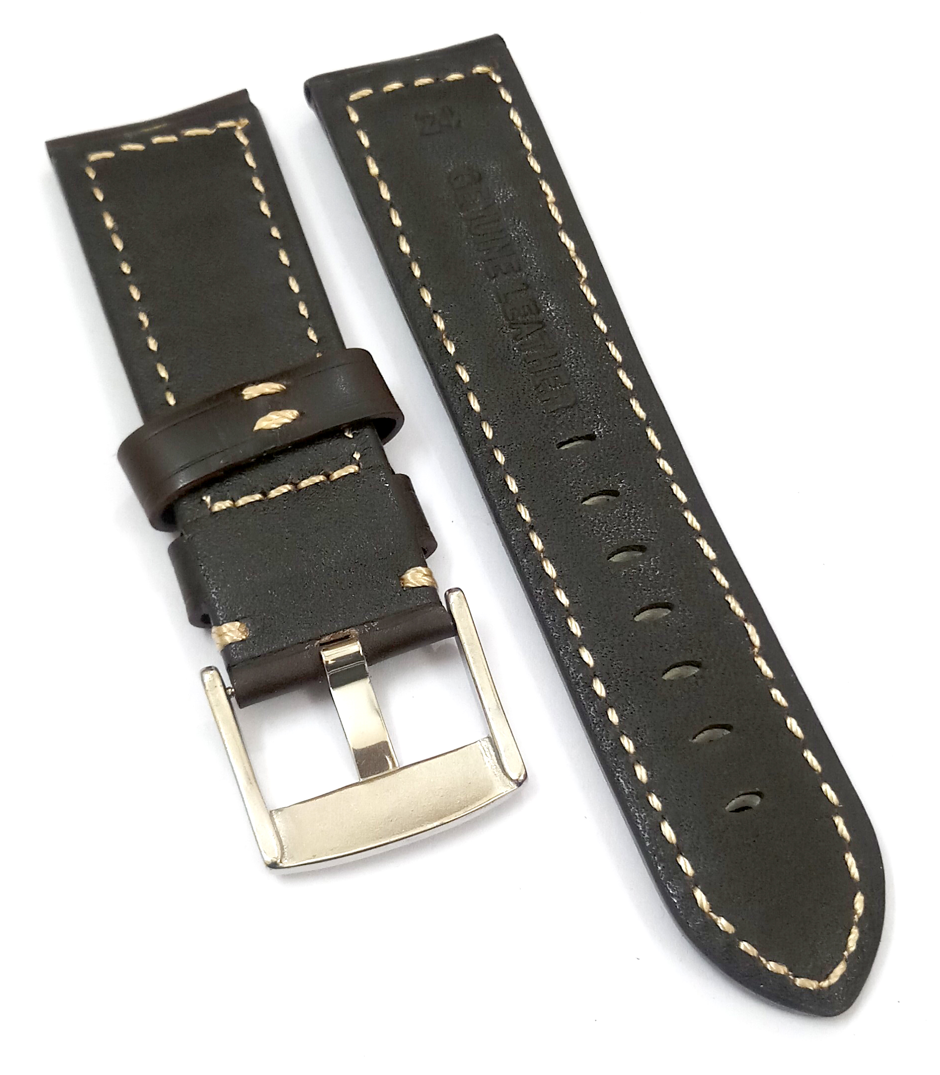 24mm Plain Genuine Leather Dark Brown With White Stich Watch Band Strap for Men and Women | Comfortable and Durable Material | Silver Buckle - Image 4