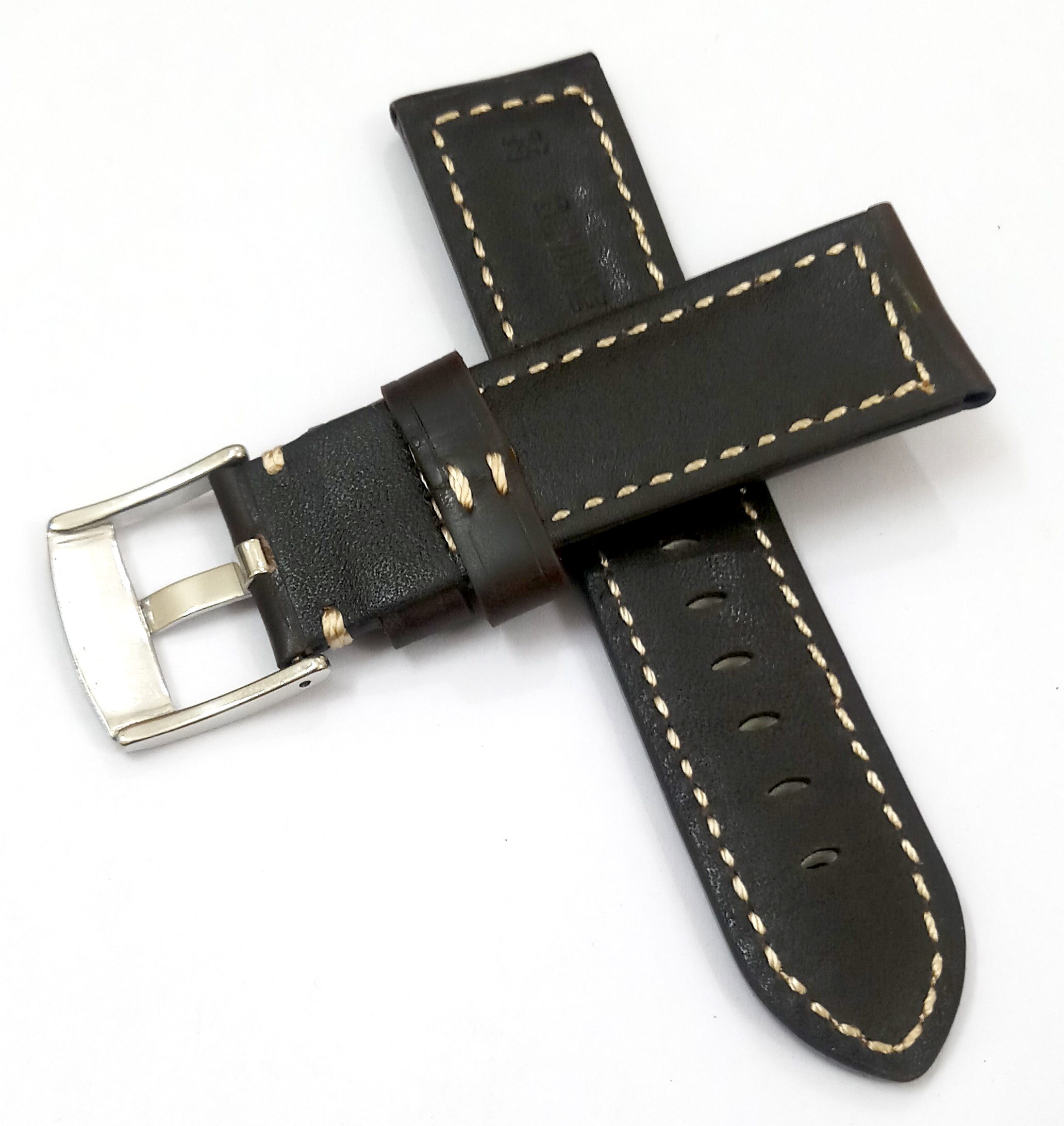 24mm Plain Genuine Leather Dark Brown With White Stich Watch Band Strap for Men and Women | Comfortable and Durable Material | Silver Buckle - Image 5