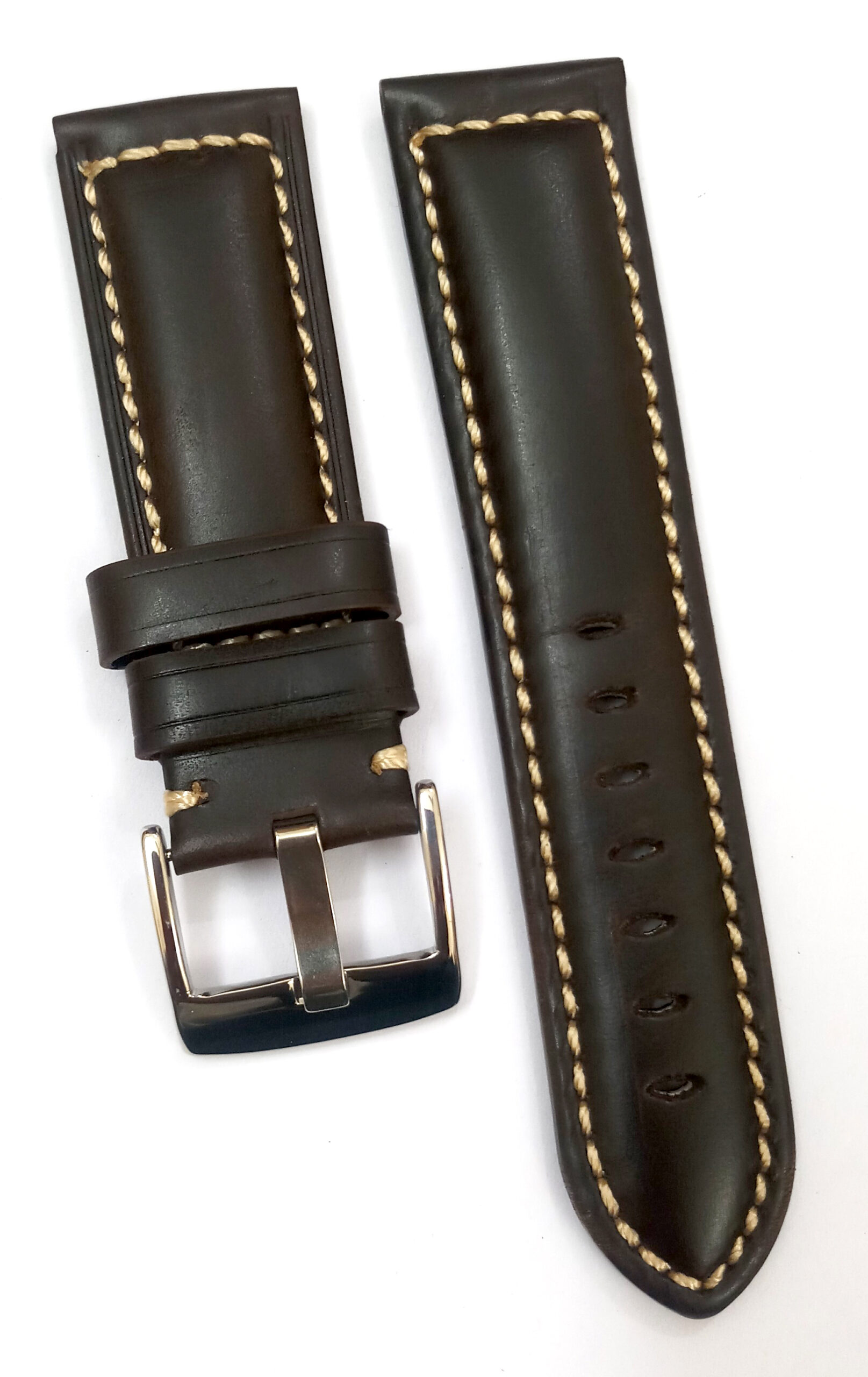 24mm Plain Genuine Leather Dark Brown With White Stich Watch Band Strap for Men and Women | Comfortable and Durable Material | Silver Buckle - Image 6