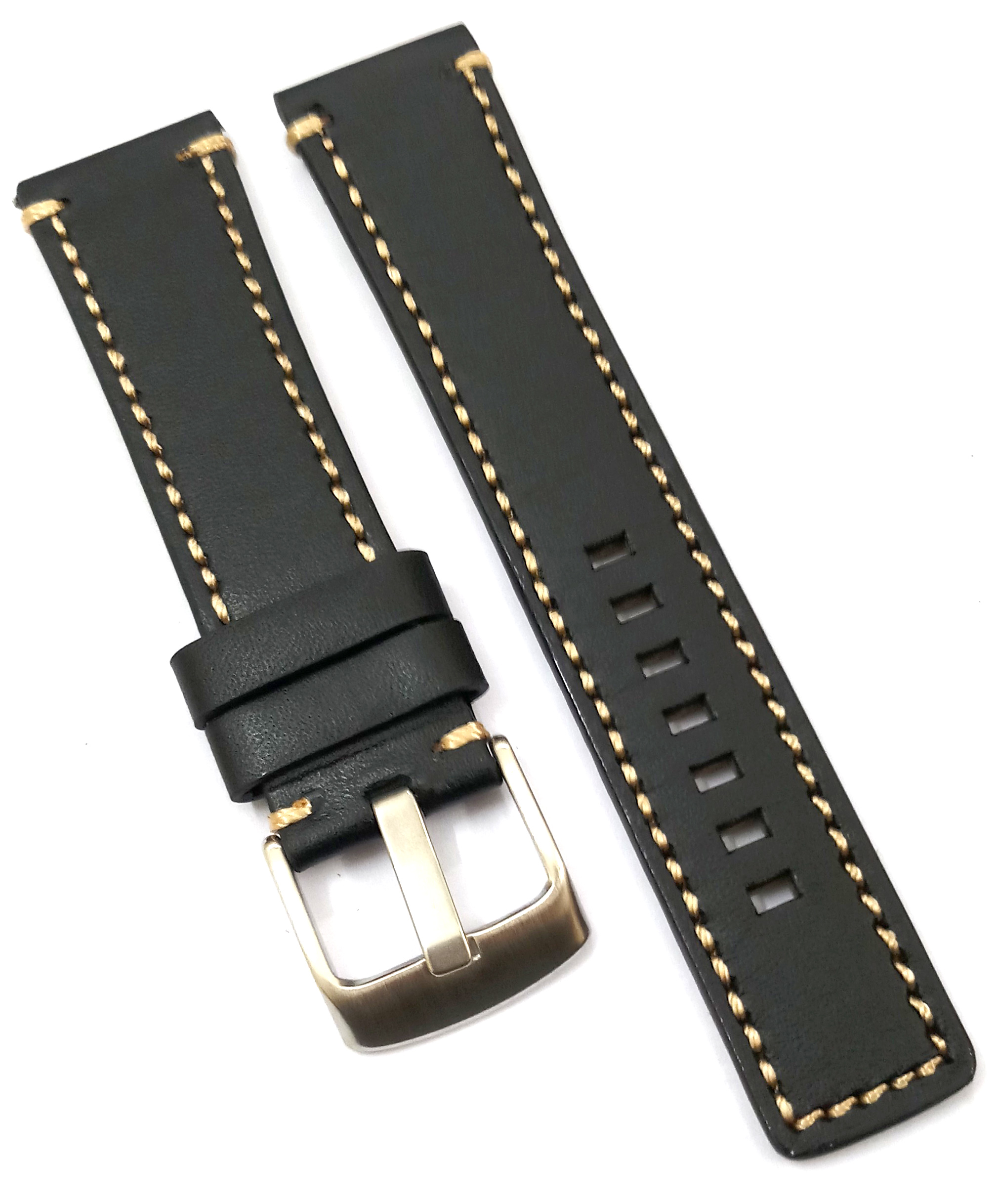 22mm Genuine Leather Black With White Stich Watch Band Strap for Men and Women | Comfortable and Durable Material | Silver Buckle-B3 - Image 5