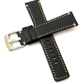 22mm Genuine Leather Black With White Stich Watch Band Strap for Men and Women | Comfortable and Durable Material | Silver Buckle-B3