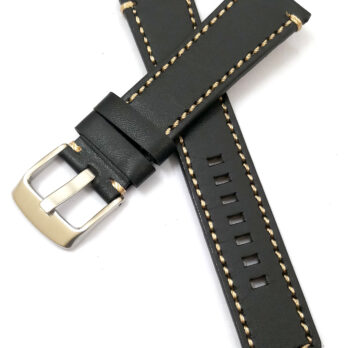 22mm Genuine Leather Black With White Stich Watch Band Strap for Men and Women | Comfortable and Durable Material | Silver Buckle-B3