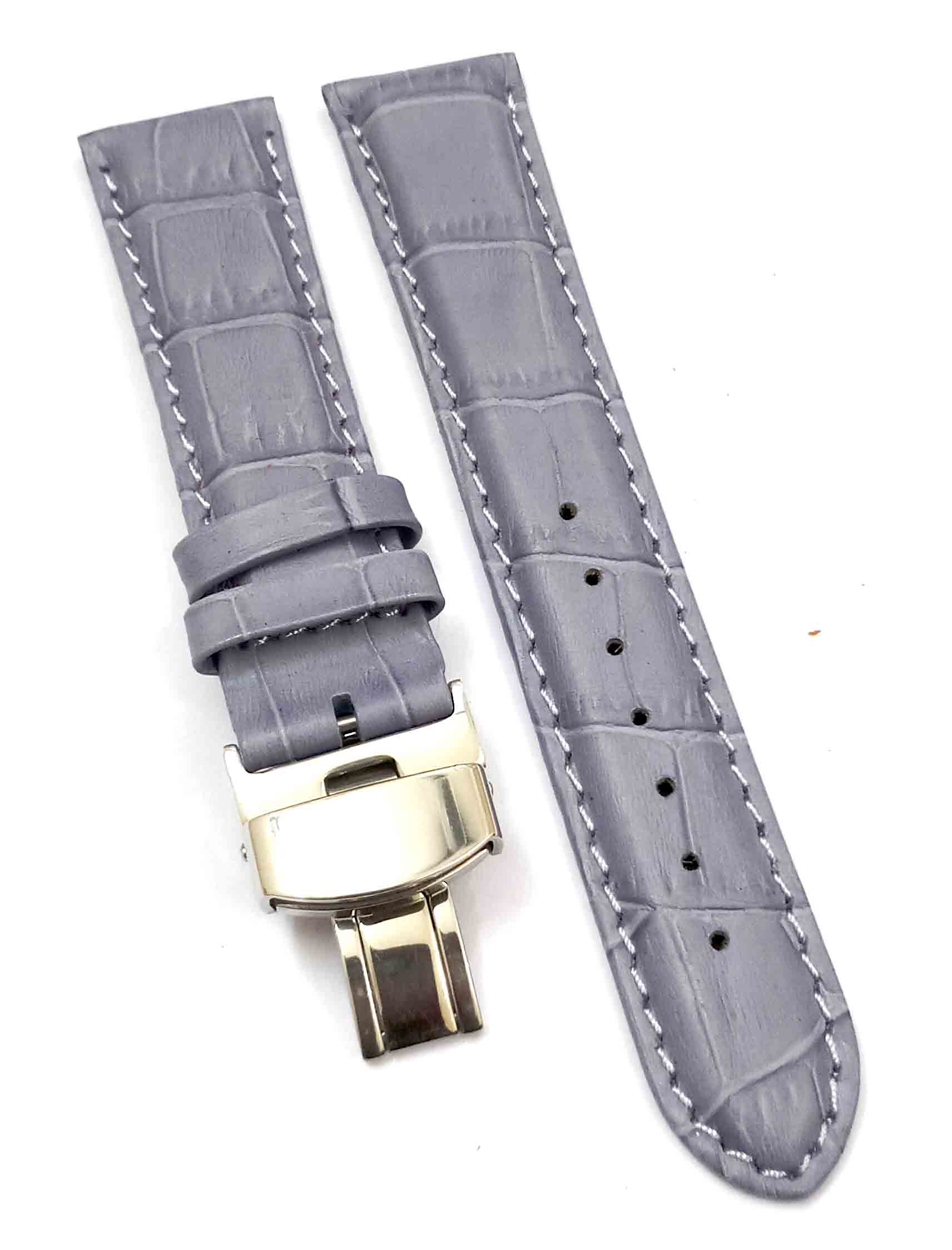 24mm Genuine Leather Gray With White Stich Watch Band Strap for Men and Women | Comfortable and Durable Material | Deployment Silver Buckle-A3 - Image 5