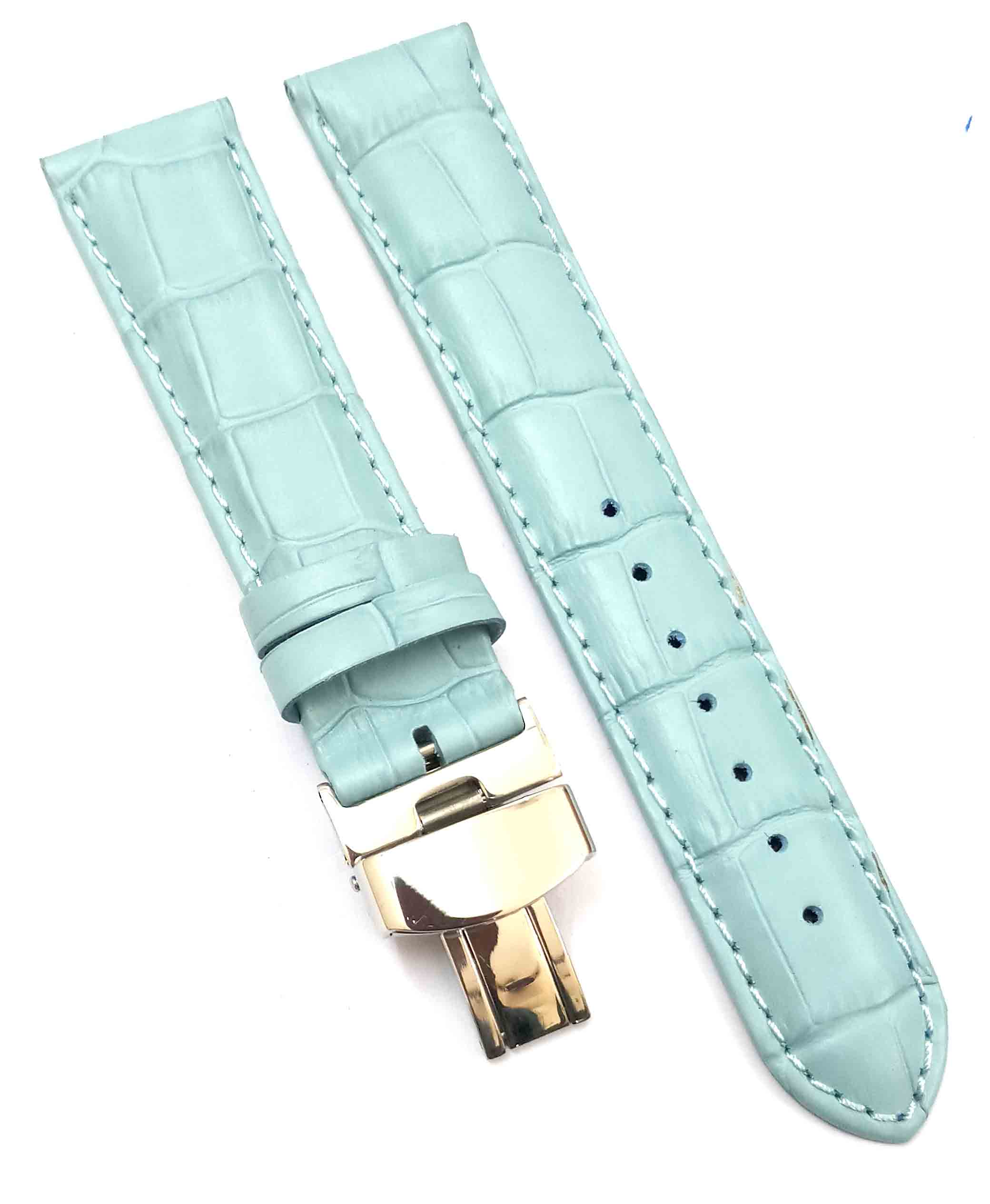 24mm Genuine Leather Sky Blue Watch Band Strap for Men and Women | Comfortable and Durable Material | Deployment Silver Buckle-S4 - Image 6