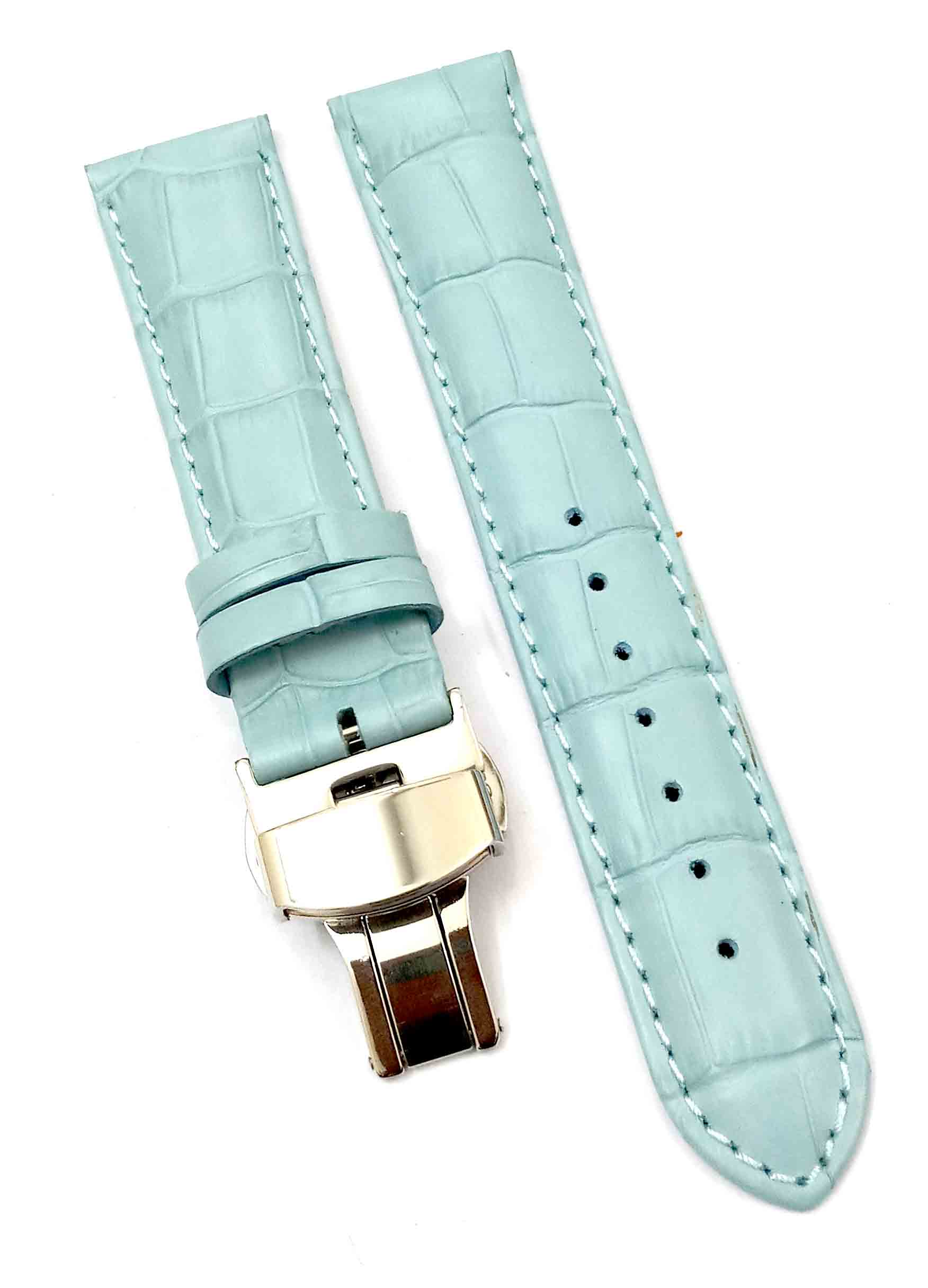 22mm Genuine Leather Sky Blue Watch Band Strap for Men and Women | Comfortable and Durable Material | Deployment Silver Buckle-S6 - Image 7