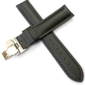 21mm Genuine Leather Black Watch Band Strap for Men and Women | Comfortable and Durable Material | Deployment Silver Buckle-G10