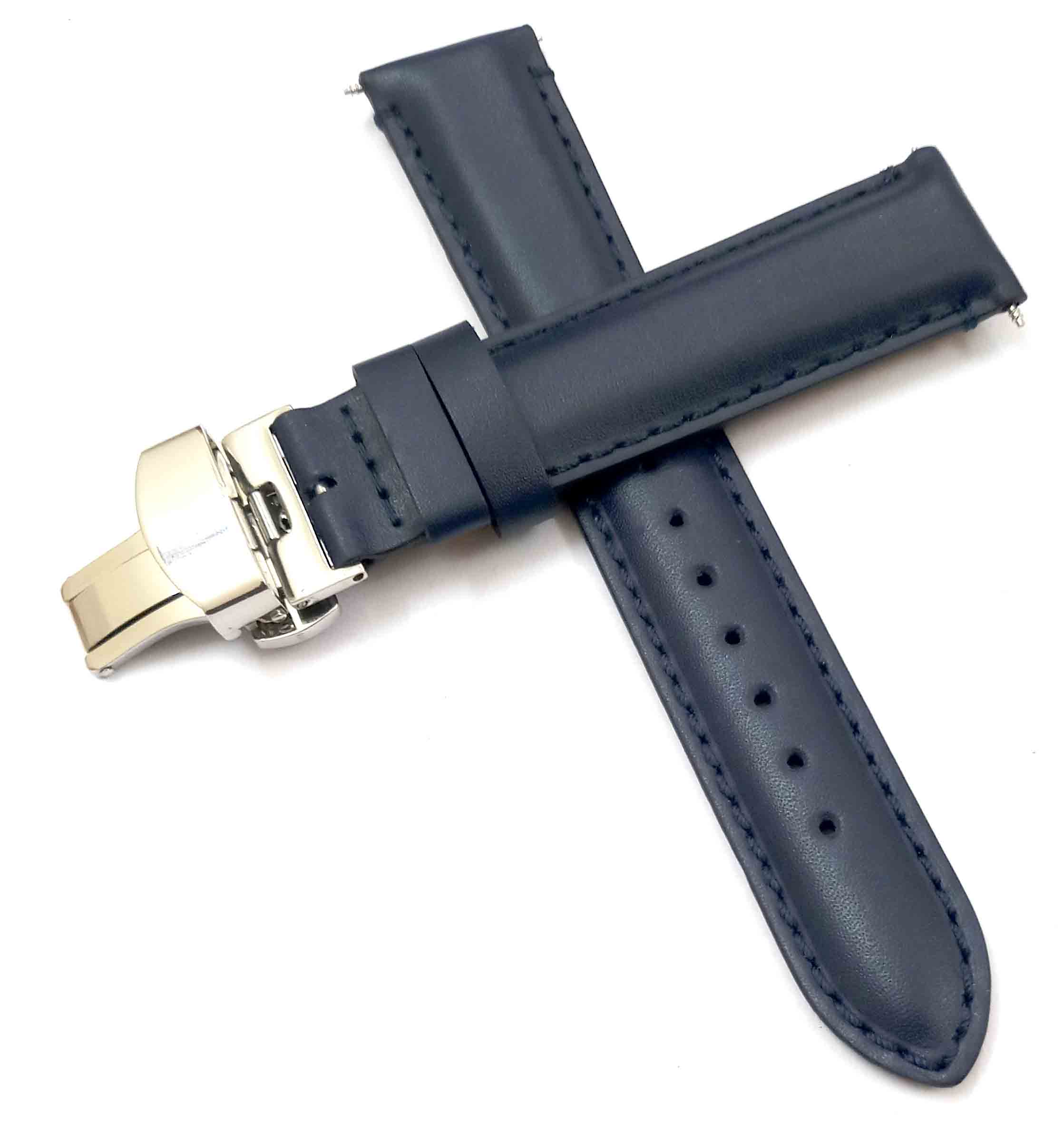 20mm Genuine Leather Blue Watch Band Strap for Men and Women | Comfortable and Durable Material | Deployment Silver Buckle-12 - Image 2