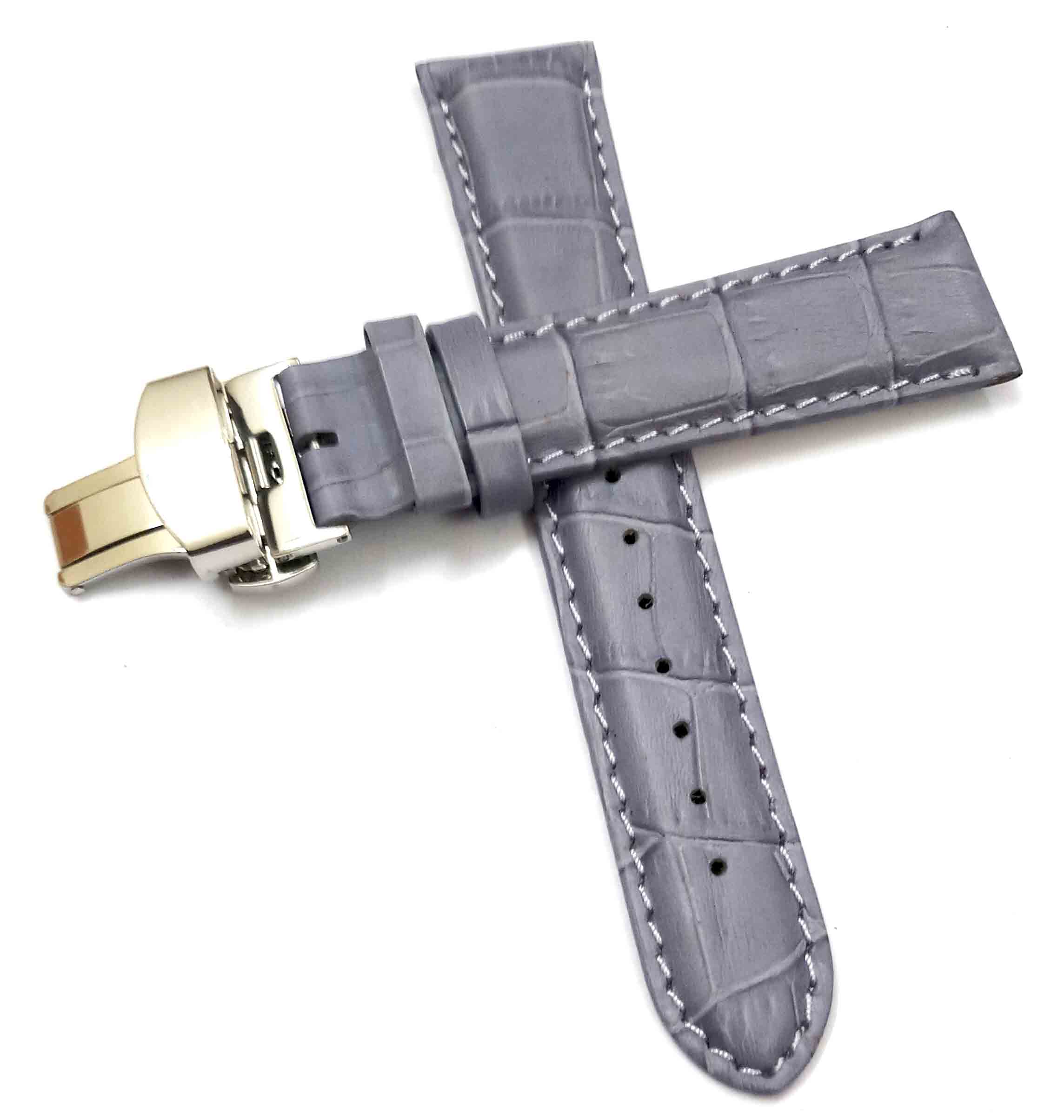 24mm Genuine Leather Gray With White Stich Watch Band Strap for Men and Women | Comfortable and Durable Material | Deployment Silver Buckle-G3 - Image 2
