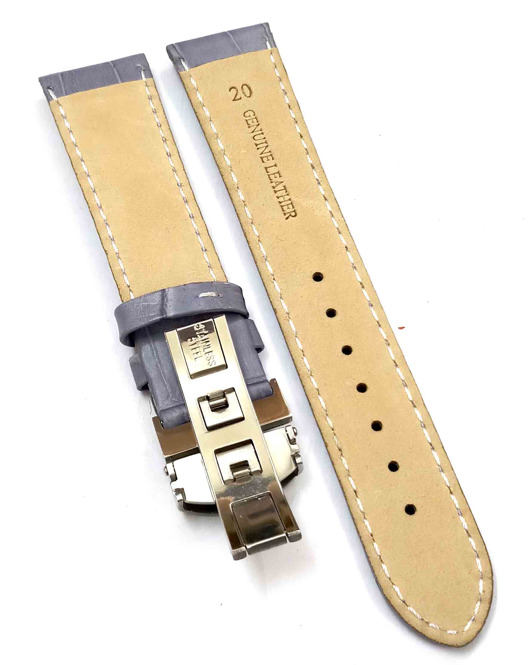 24mm Genuine Leather Gray With White Stich Watch Band Strap for Men and Women | Comfortable and Durable Material | Deployment Silver Buckle-A3 - Image 4